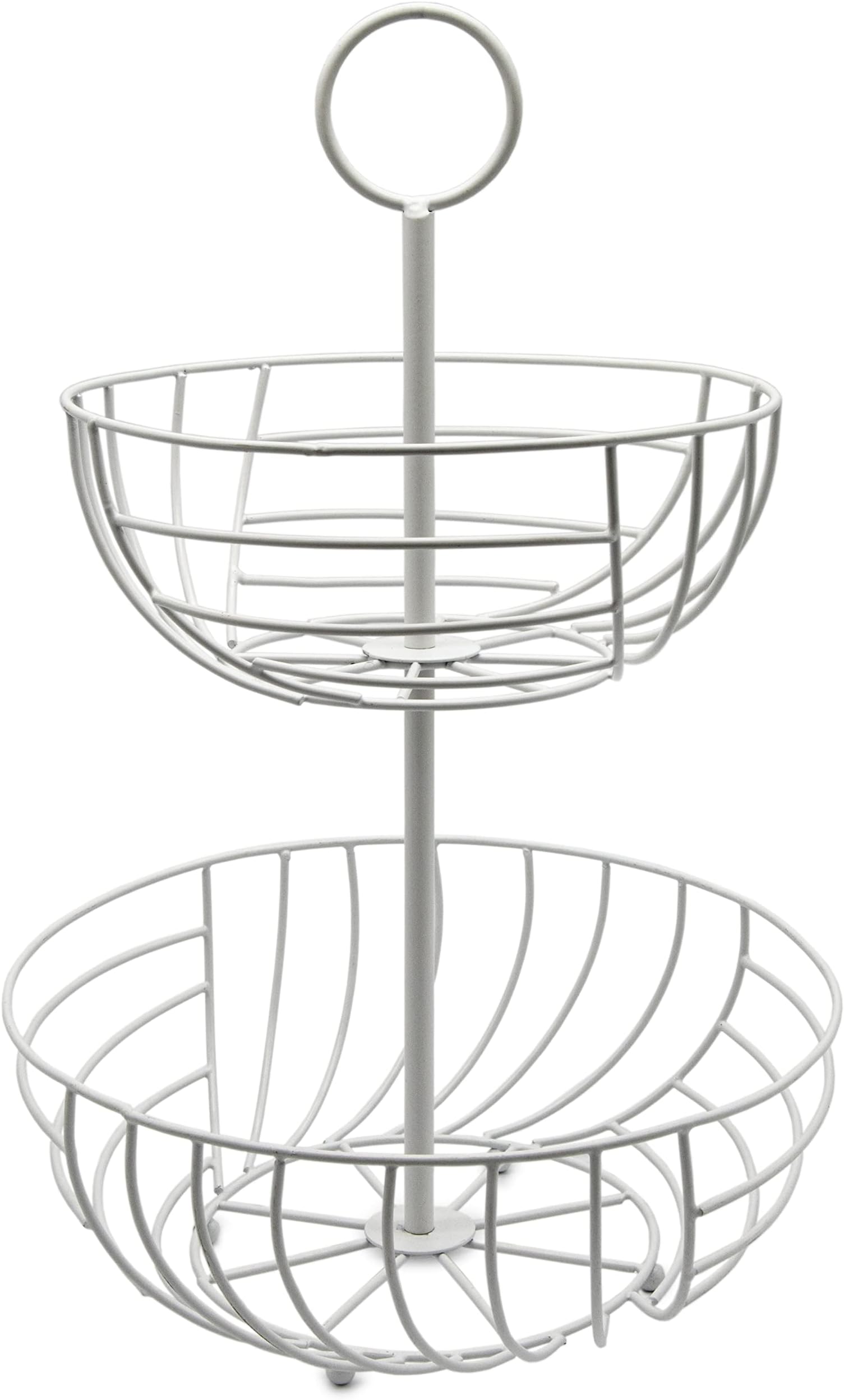 Interior InnovationsDecorative 2-Tier Round Wire Metal Fruit Basket With Large 11" & 9" Baskets, Freestanding Or Hanging in White Swirl Design