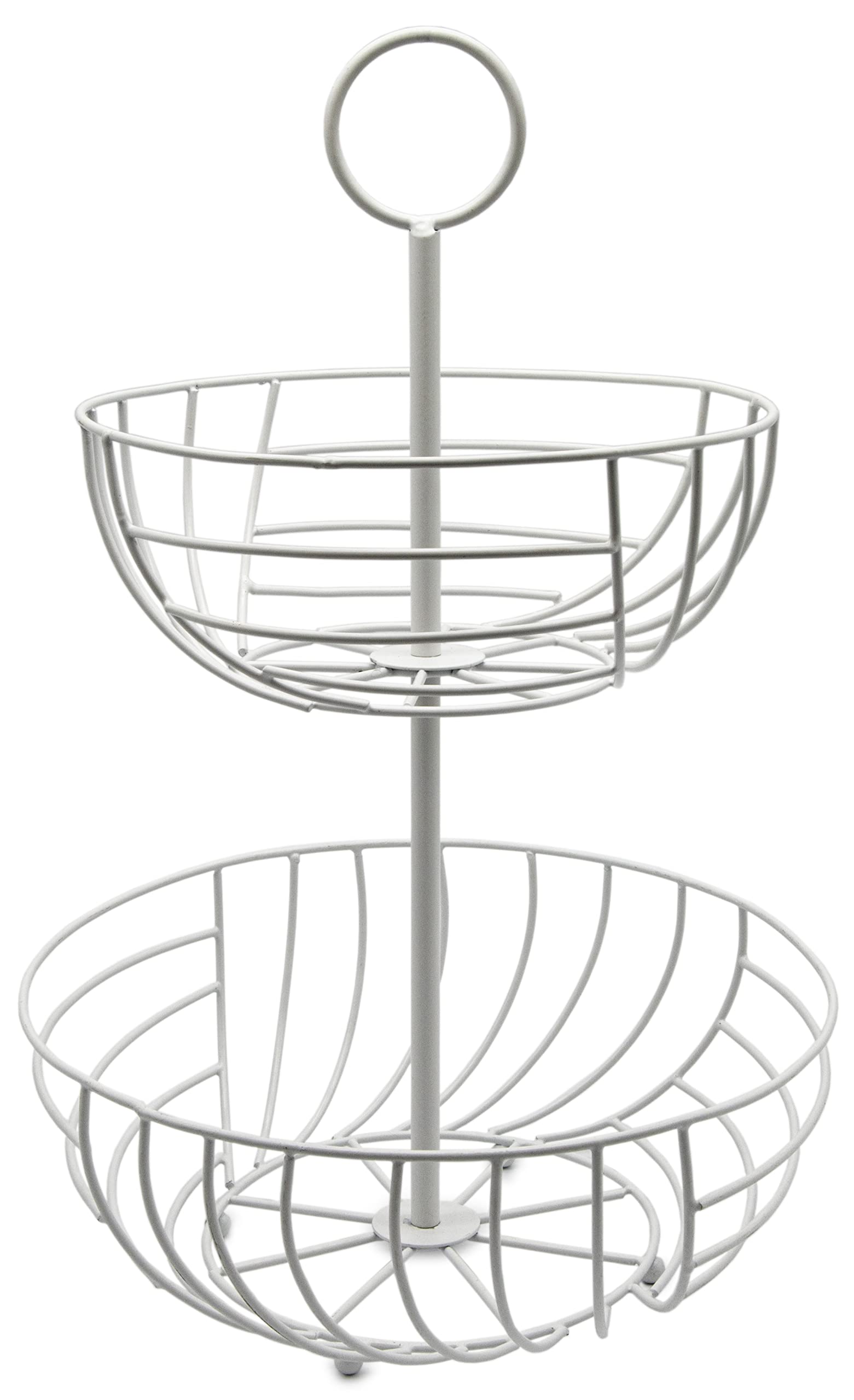 Interior InnovationsDecorative 2-Tier Round Wire Metal Fruit Basket With Large 11" & 9" Baskets, Freestanding Or Hanging in White Swirl Design
