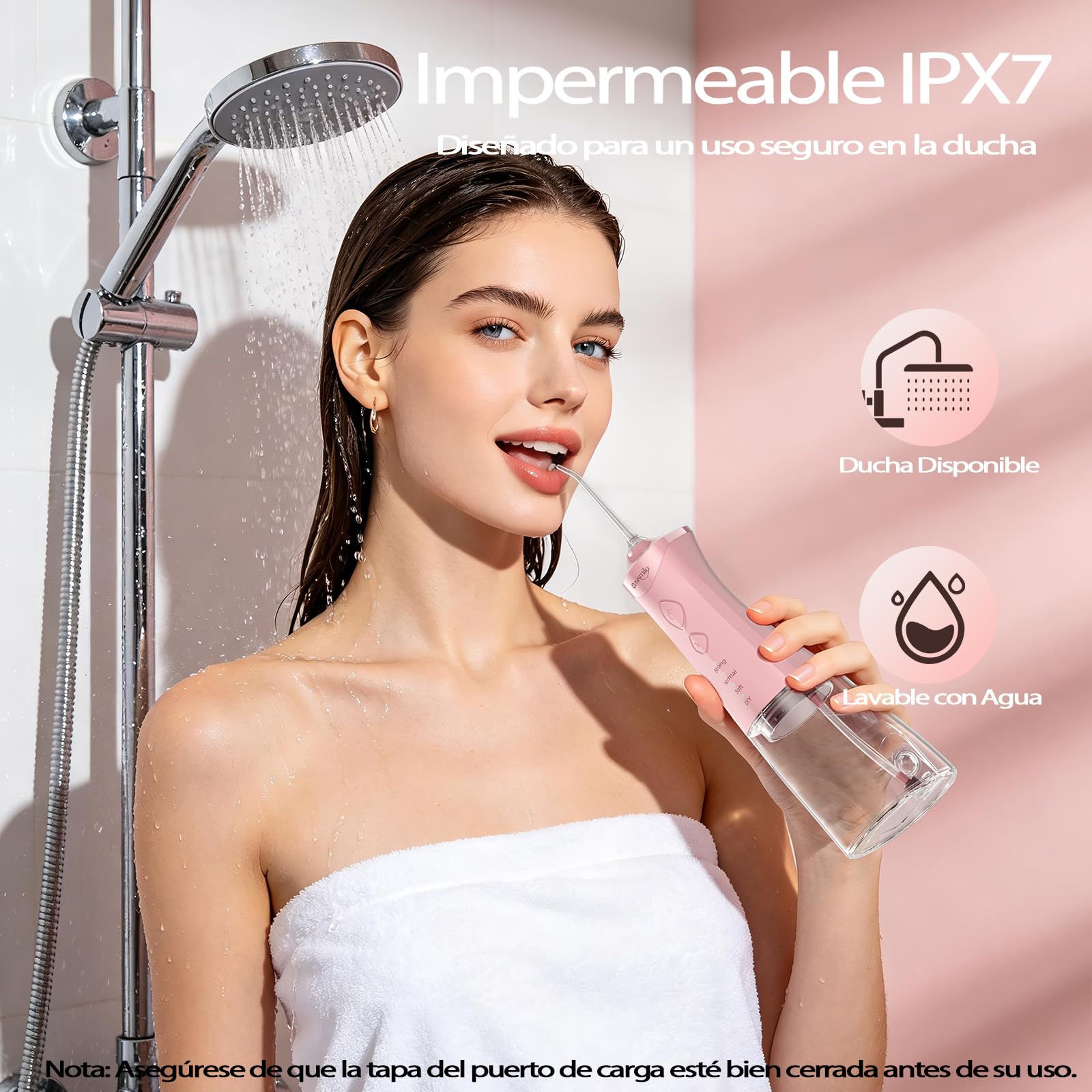 OasiSmile Irrigador Dental Portátil, 350 ML Irrigador Bucal con Tecnología DIY Autoajustable, 5 Boquillas y 4 Modos, Ideal para Ortodoncia y Encías Sensibles, IPX7 Recargable para Viaje Hogar, Rosa