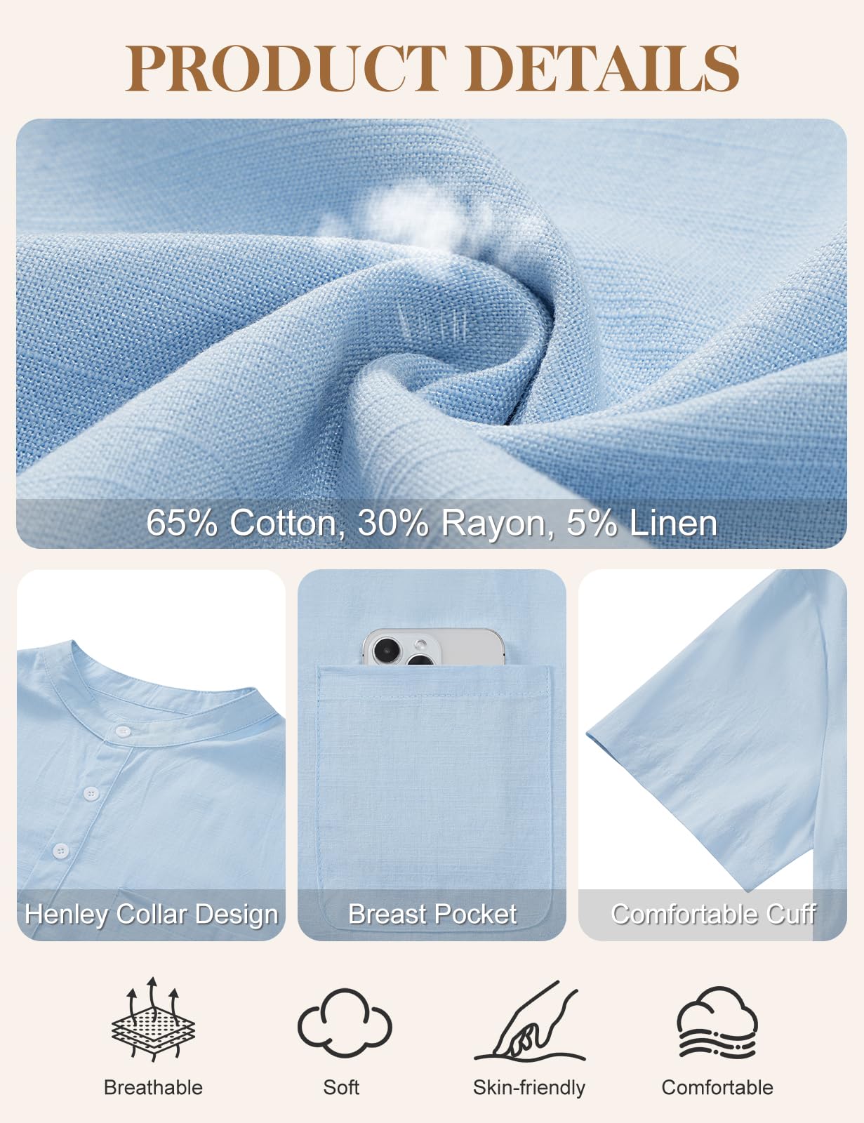Voqeen Camisa Lino Hombre Henley Camisas Manga Corta Casuales para Verano Sin Cuello Abotonadas Tshirt Camisetas De Playa con Bolsillo