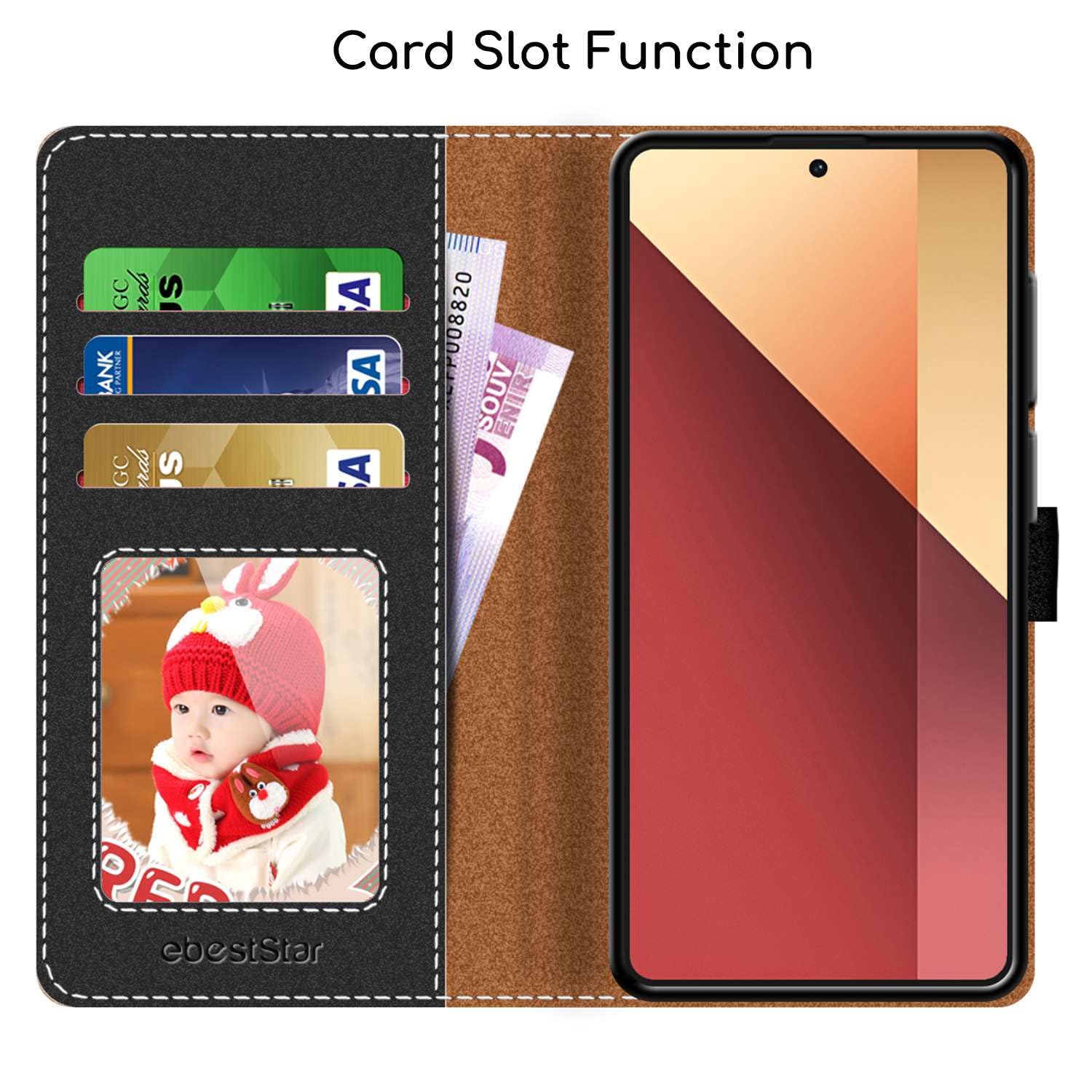 EbestStar Cover Libro Portafoglio Per Xiaomi Redmi Note 13 Pro 5G – Pelle PU Con Slot Carte + Vetro Temperato Incluso – Nero - 5