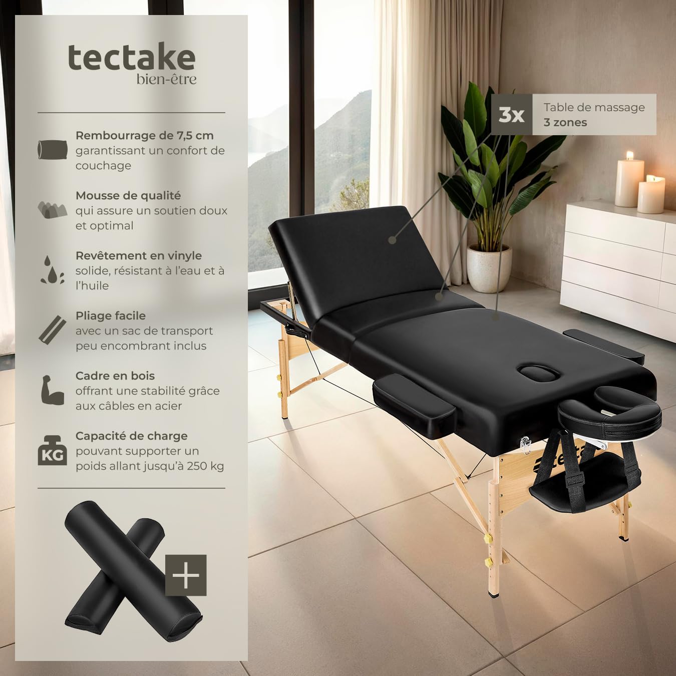 tectake® Table de Massage Pliante Professionnelle 3 Zones Ergonomique Massage et Relaxation Bois Table Esthetique Professionnel Lit de Massage Portable, Accessoires & Housse de Transport - Noir