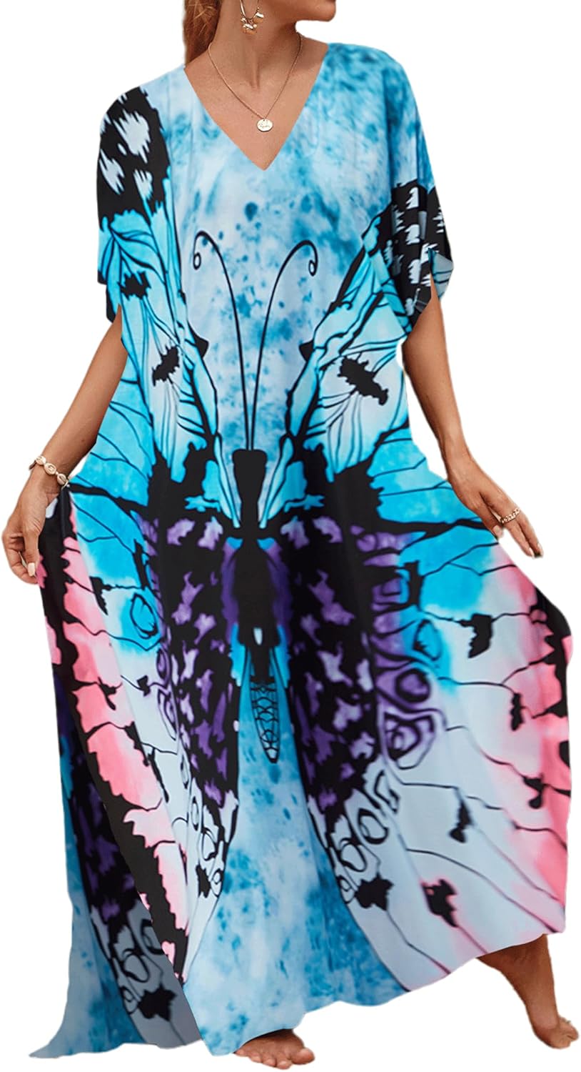 Bsubseach Kaftan Dresses for Women Plus Size Tie Dye Batwing Sleeve Caftans Swimsuit Coverup Maxi Dress Loungewear