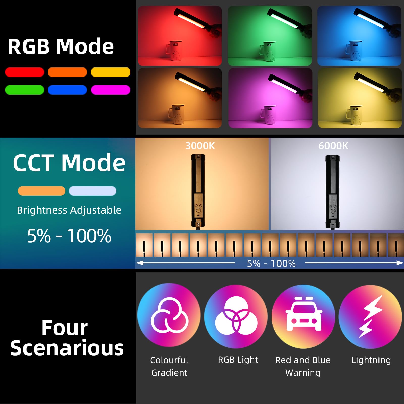 LUXCEO P100 20cm RGB Video Tube LED Light,Baton Lumineux,Magnetic Rechargeable Lightstick Multi-angle Éclairage,Lampe Photo Portable pour Tiktok,Youtube,Tournage Vidéo,Brightness Adjustable,3000/6000K