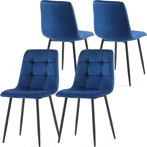 somedream Juego de 4 sillas de comedor de terciopelo azul marino, modernas sillas copetudas de galletas sin brazos con patas de metal, sillas