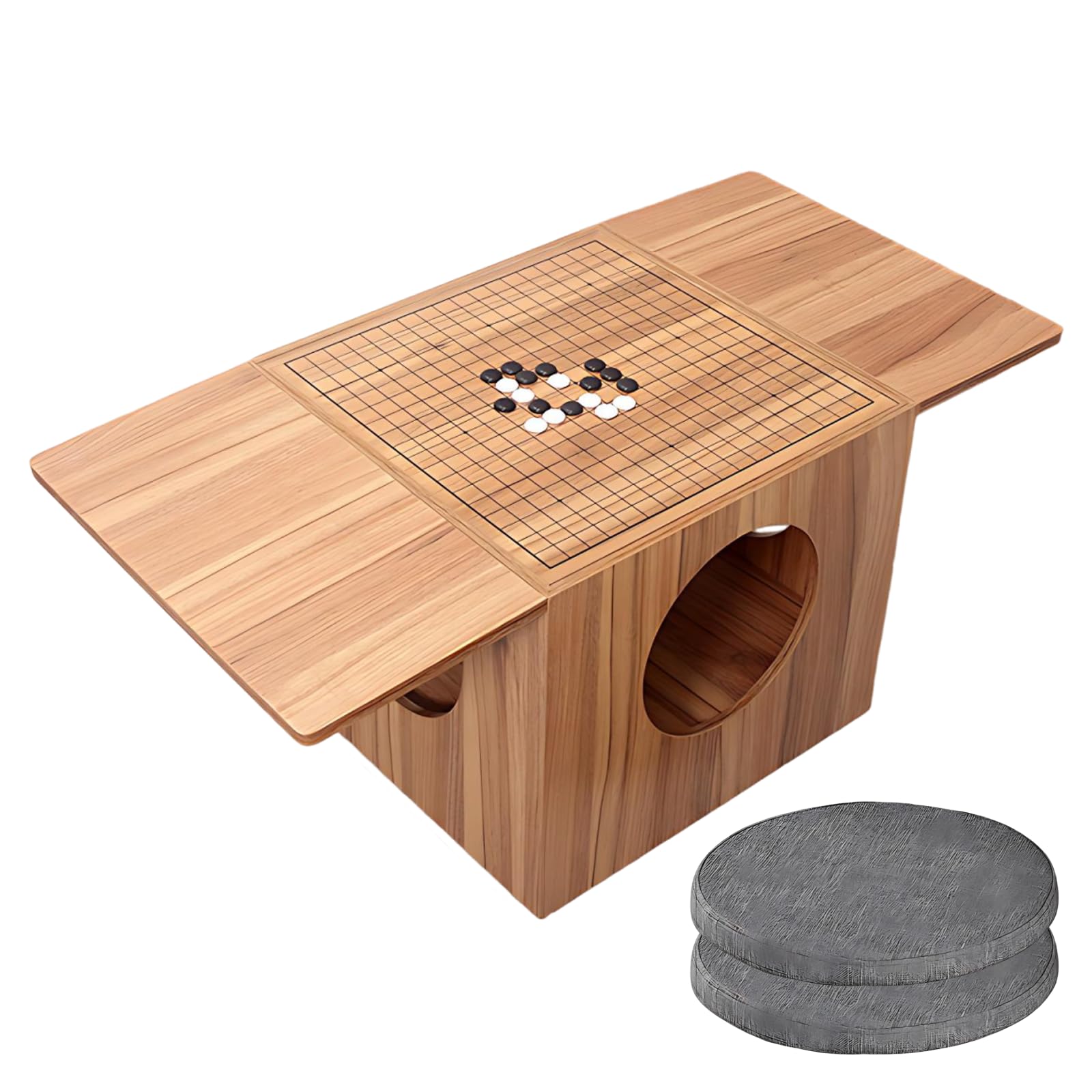 UPLTOE Game Table Furniture Set, 2-in-1 Chess & Go Coffee Table, 4-Sided Circular Openings for Hidden Storage, Wooden Chessboard 454×454mm (17.87 × 17.87 in), for Reading & Tea E