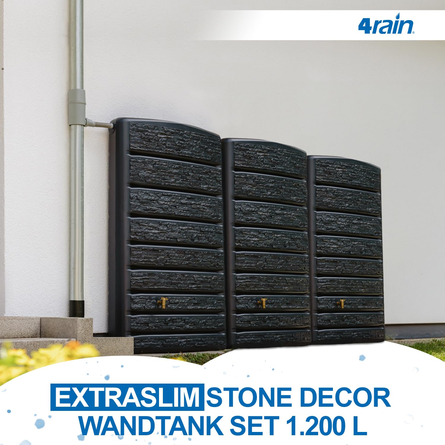 4rain ExtraSLIM Stone Decor Regentonne Wandtank-Set 1200 Liter Graphite | Grey, 3 x ExtraSLIM Stone Decor 400 Liter inkl. Verbinder Wassertank, Fass, Regenfass, Regenwassertonne, Regenwassertank