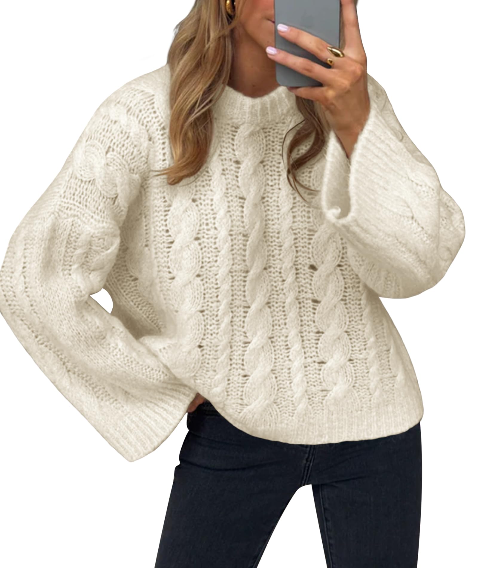 Womens Cable Knit Sweater Pullovers Crewneck Long Sleeve Oversized Y2k Vintage Fall Winter Cozy Chunky Sweaters