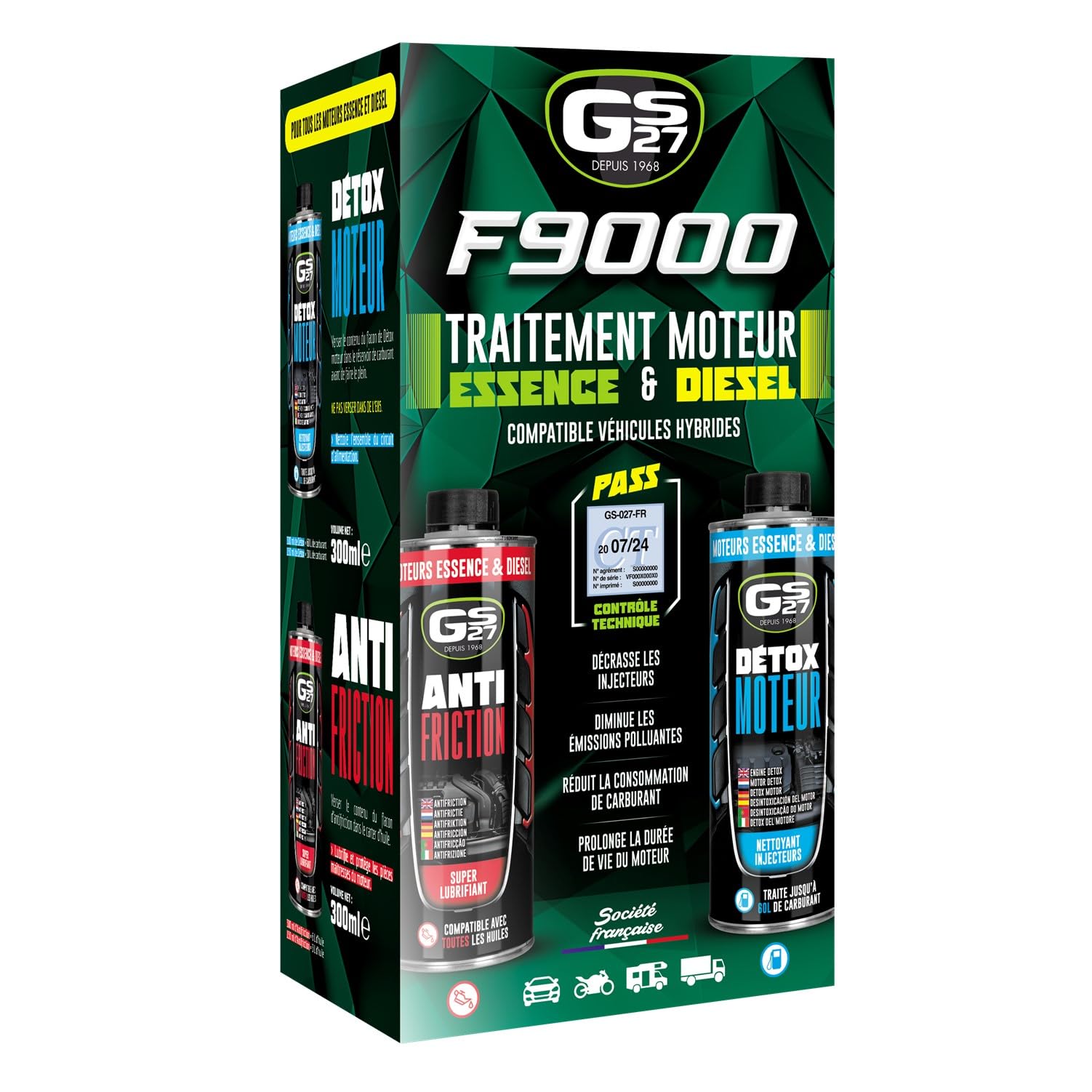 GS27 - F9000 – Traitement Moteur Essence & Diesel 2-en-1 – Décrassage Injection + Antifriction Huile – Action Préventive & Curative – 2 x 300 ML