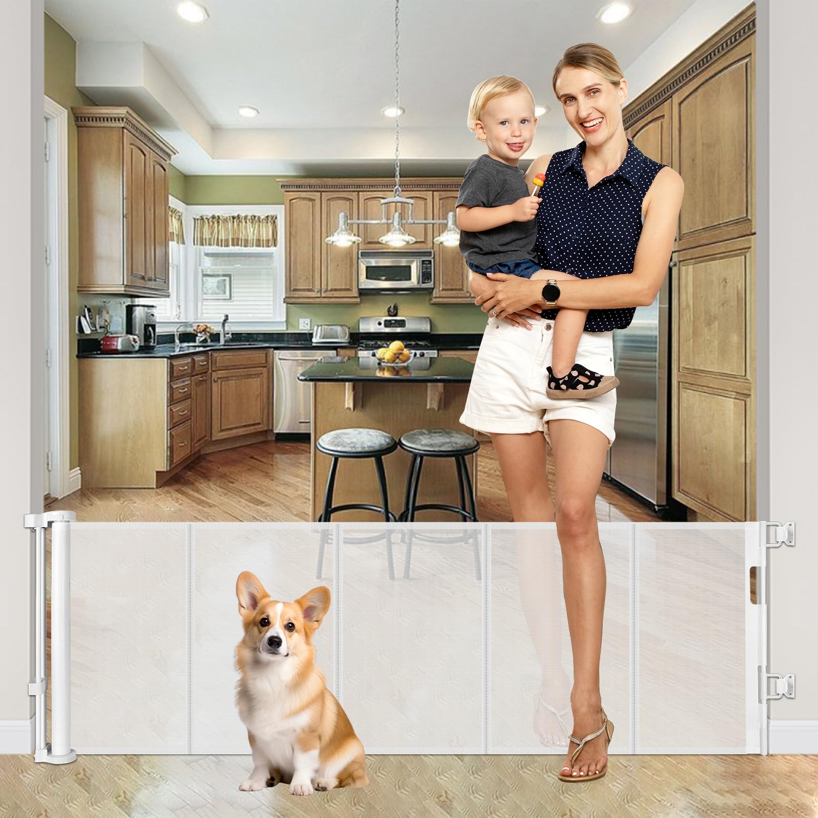 22 Inch Tall Retractable Baby Gates for Dogs, Easy Step Over Pet Gate Mesh Baby Gate Retractable Gates for Dogs, 55