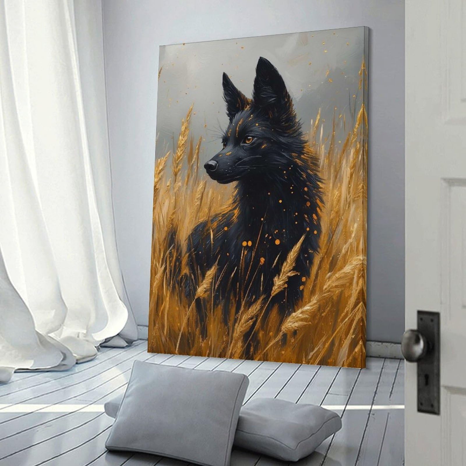 Junmoney Frame-Style-19 Black Wolf In Golden Wheat Field Wall Art Print 24X36inch(60X90cm), For Picture Wall Styling In Lounge Or Bedroom, A Versatile Canvas Print For Layering