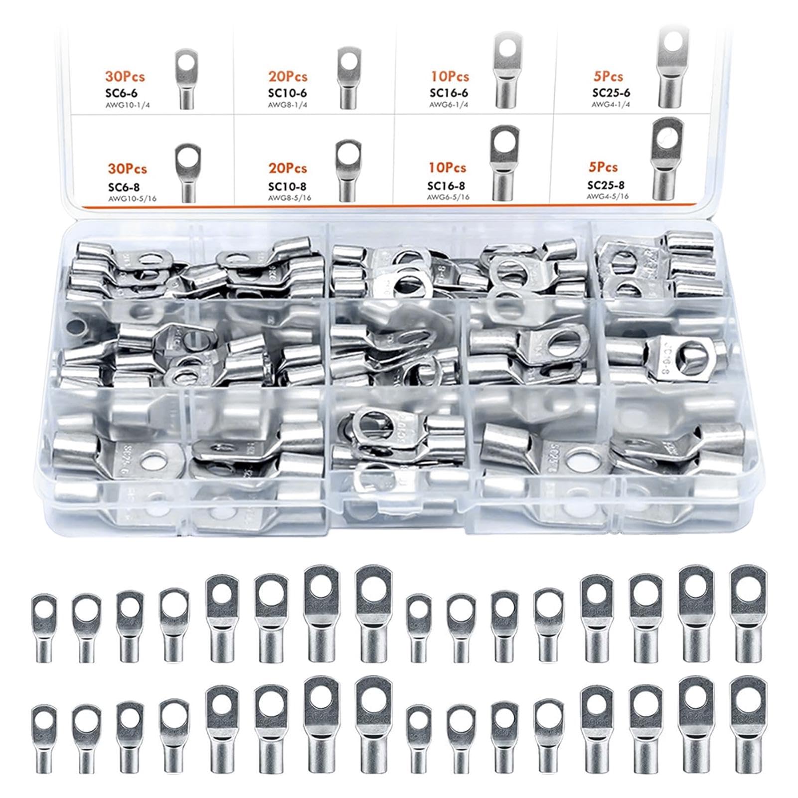 130Pcs Battery Terminal Connectors,Copper Wire Lugs Battery Cable Ends Eyelets,SC Ring Terminal Connector Assortment Kit,Battery Crimp Terminals for Electric,Auto