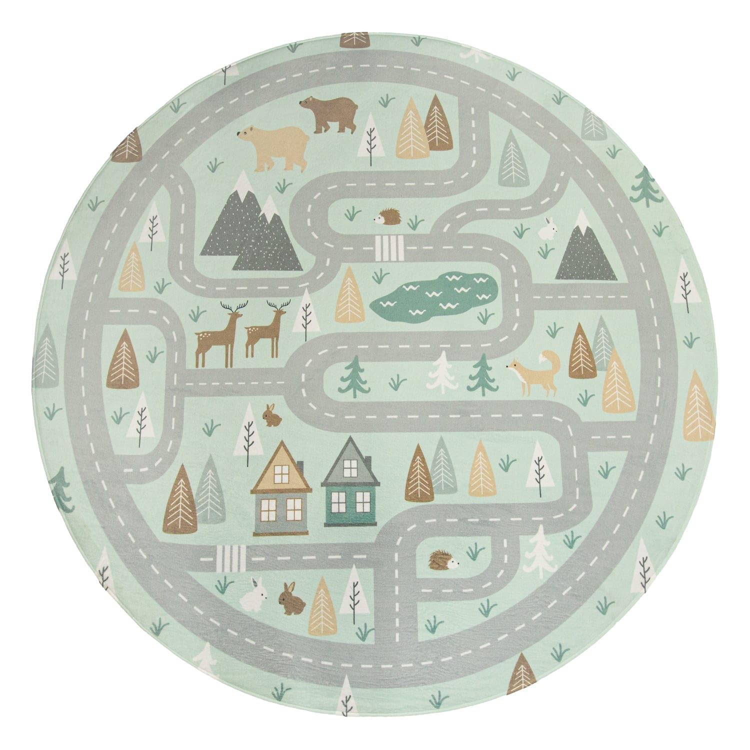 Kinderteppich waschmaschinenwaschbar Waldwege‑Muster Kinderzimmer schmutzabweisend Türkis Rund 150D 100% Polyester pflegeleicht
