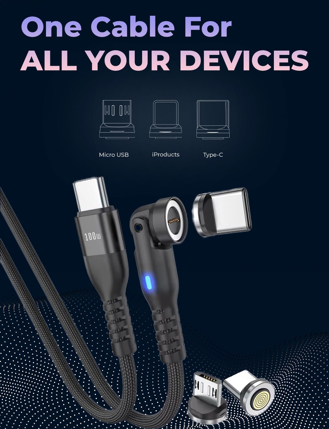 Magnilink 360 PRO - Cargador magnético USB-C de 100 W (paquete de 2) - Cable de carga magnético 6 en 1 de carga rápida y datos - Funciona con i-Products, tipo C y micro USB (negro ónix)