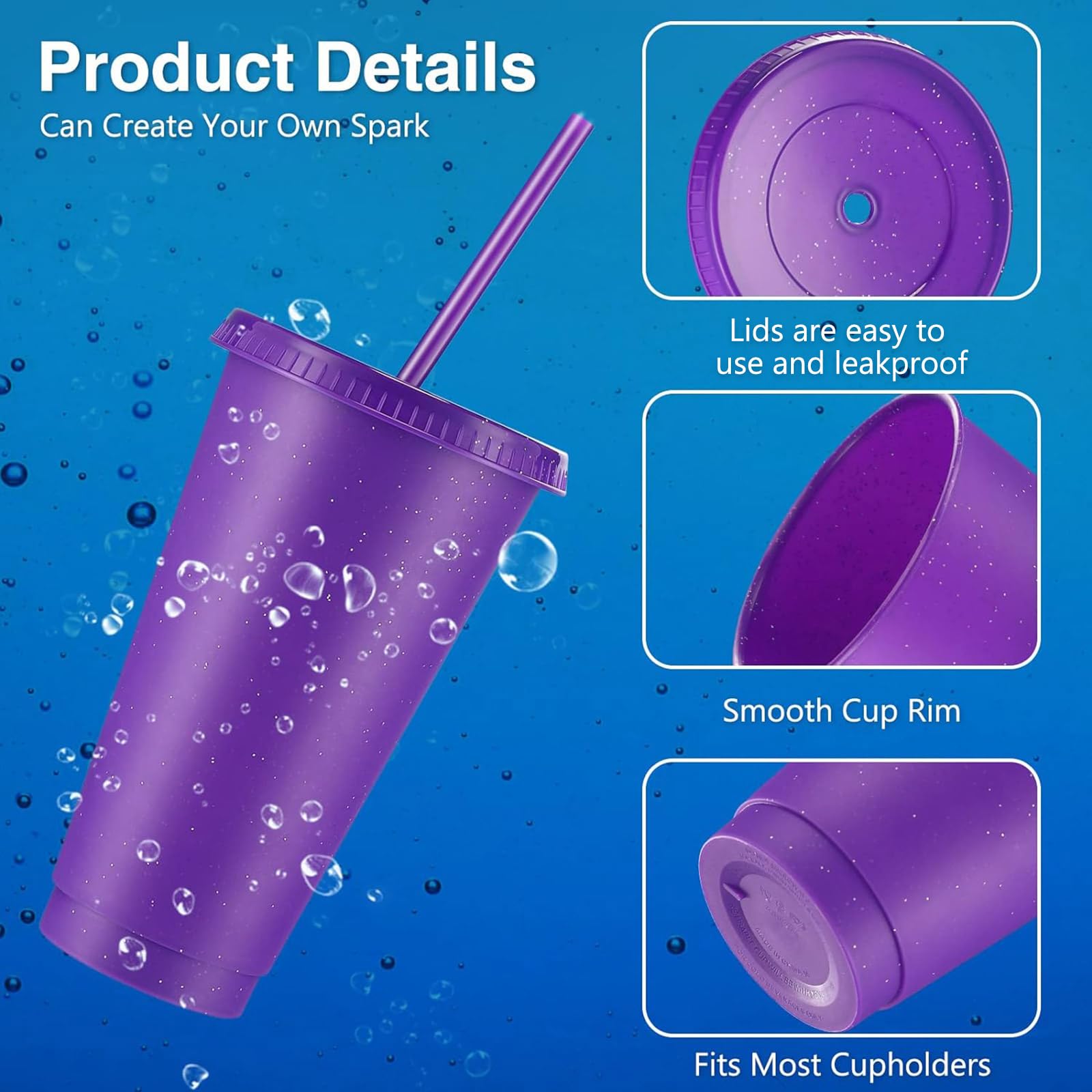 Amyhill Filiżanki wielokrotnego użytku z pokrywkami i słomkami, 680 ml, brokatowy, mrożony, plastikowy, podróżny kubek na soki smoothie, artykuły na przyjęcie urodzinowe dla dziewcząt, fioletowe, 24