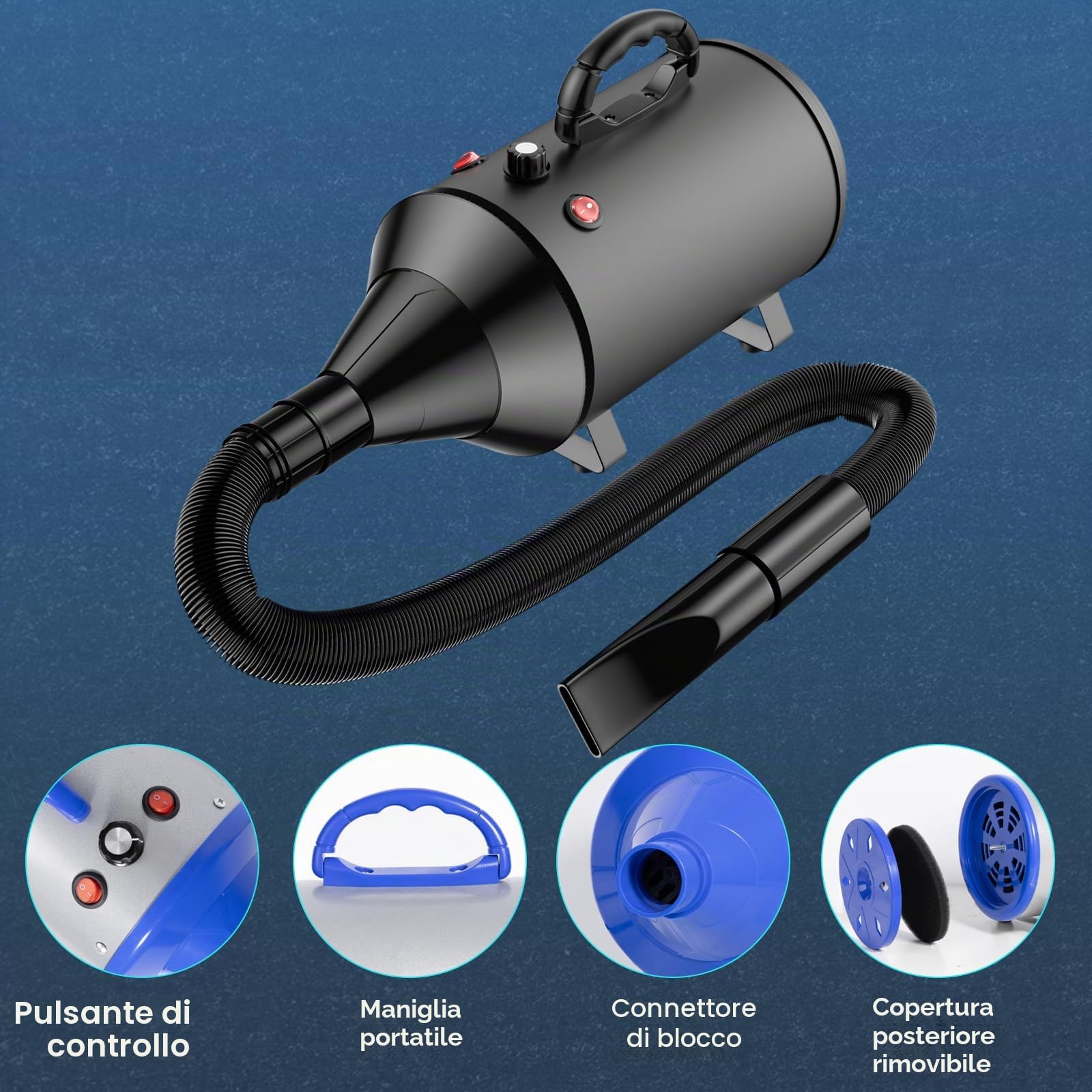 Soffiatore per Cani Blower Molto Silenzioso, 5,2 CV/3800 W, velocità Regolabile, Ventilatore per la Cura del Cane con 4 Diversi ugelli, Tubo Elastico e Spazzola per la Cura (Nero)