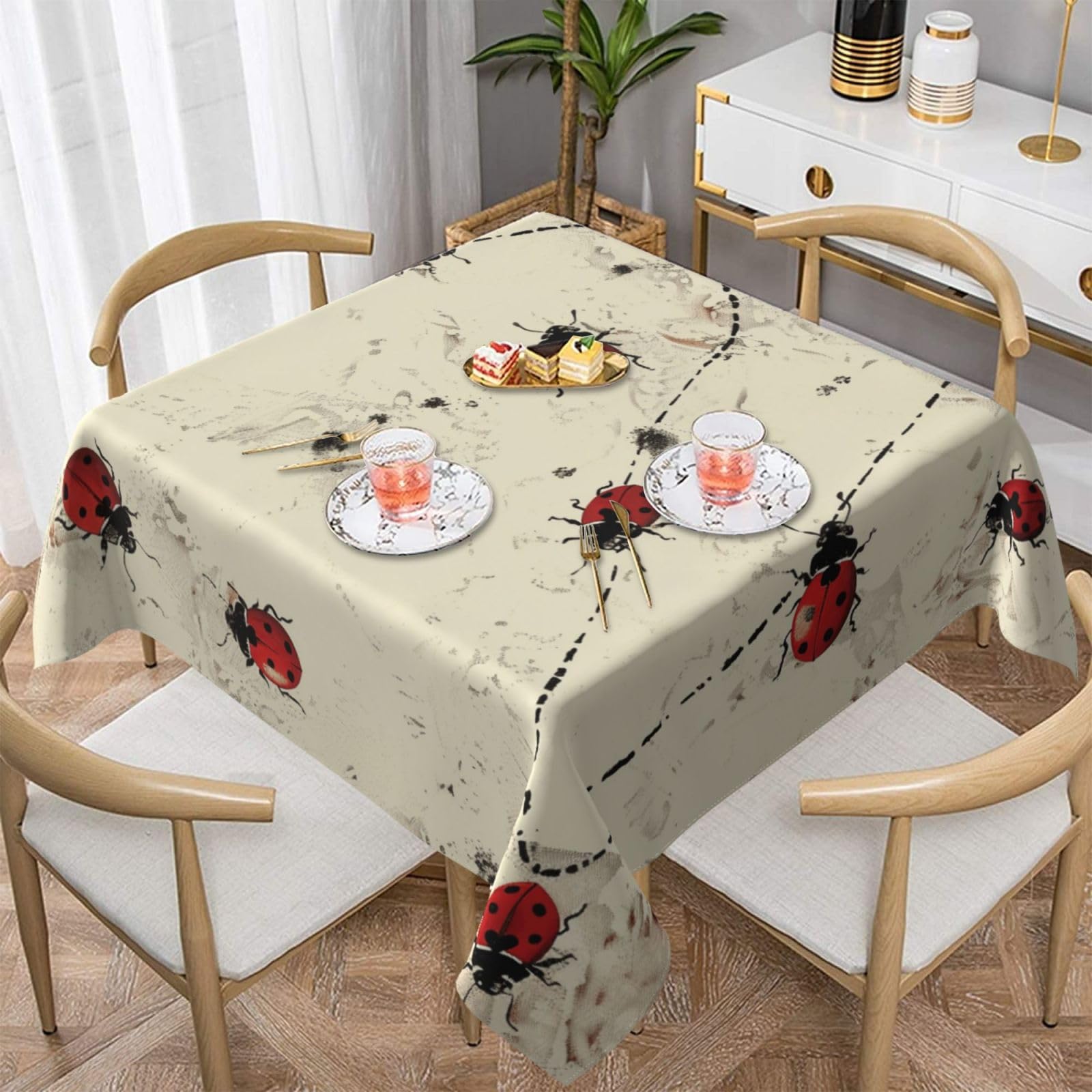 WPKJU Art Ladybug Tracks Print Printed Square Tablecloth 60x60 inch Water Resistant Table Cover Washable Rectangle Table Cloth for Dining Tables