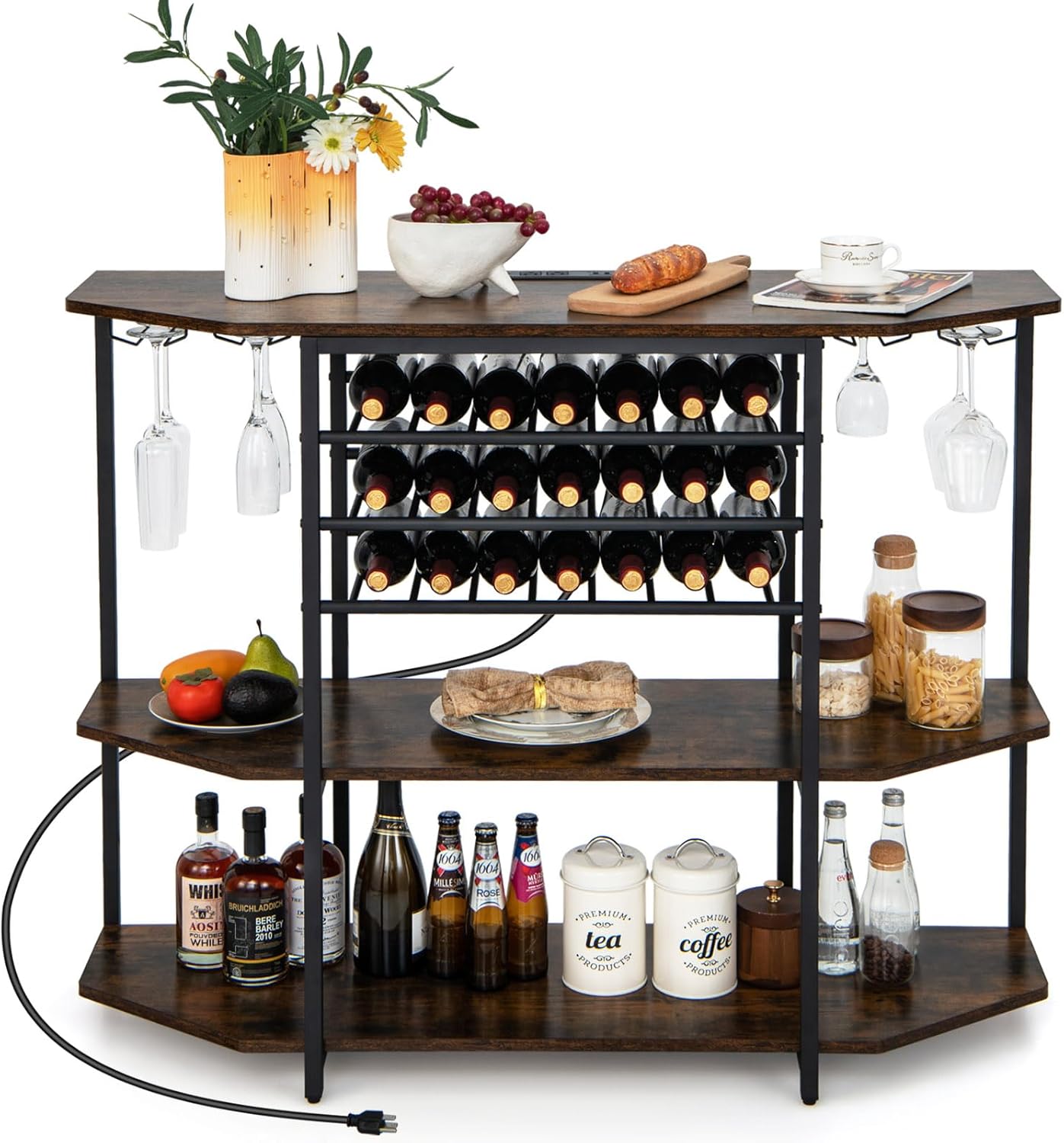 COSTWAY Wine Bar 3Tier Liquor with Power Outlets
