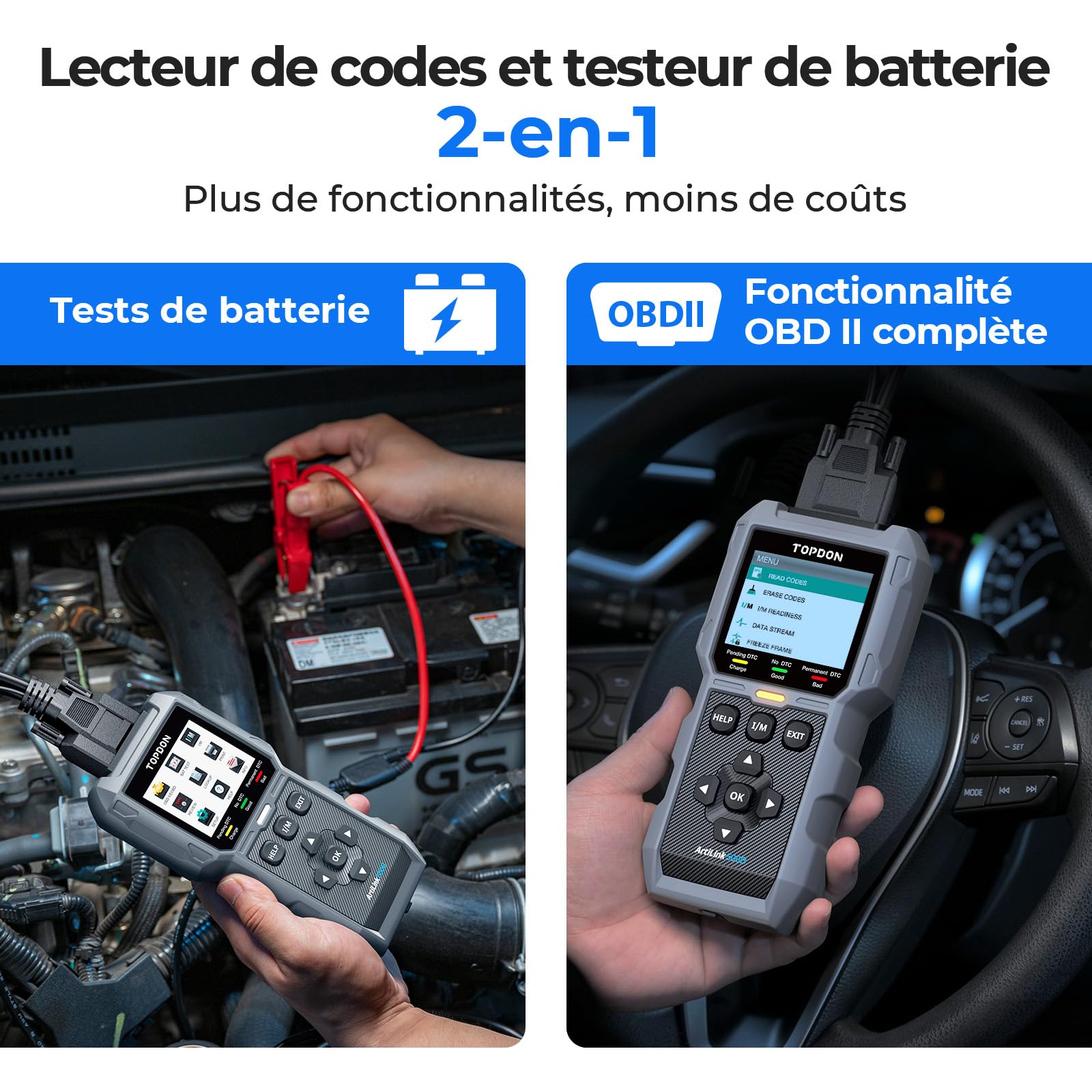 TOPDON ArtiLink500B OBD2 Lecteur de Codes, Testeur de Batterie de Voiture 2 en 1, Fonction OBD2 Complète Automobile 12V Tests de Batterie, 12V/24V Tests de Démarrage/Charge, Mise à Jour Gratuite