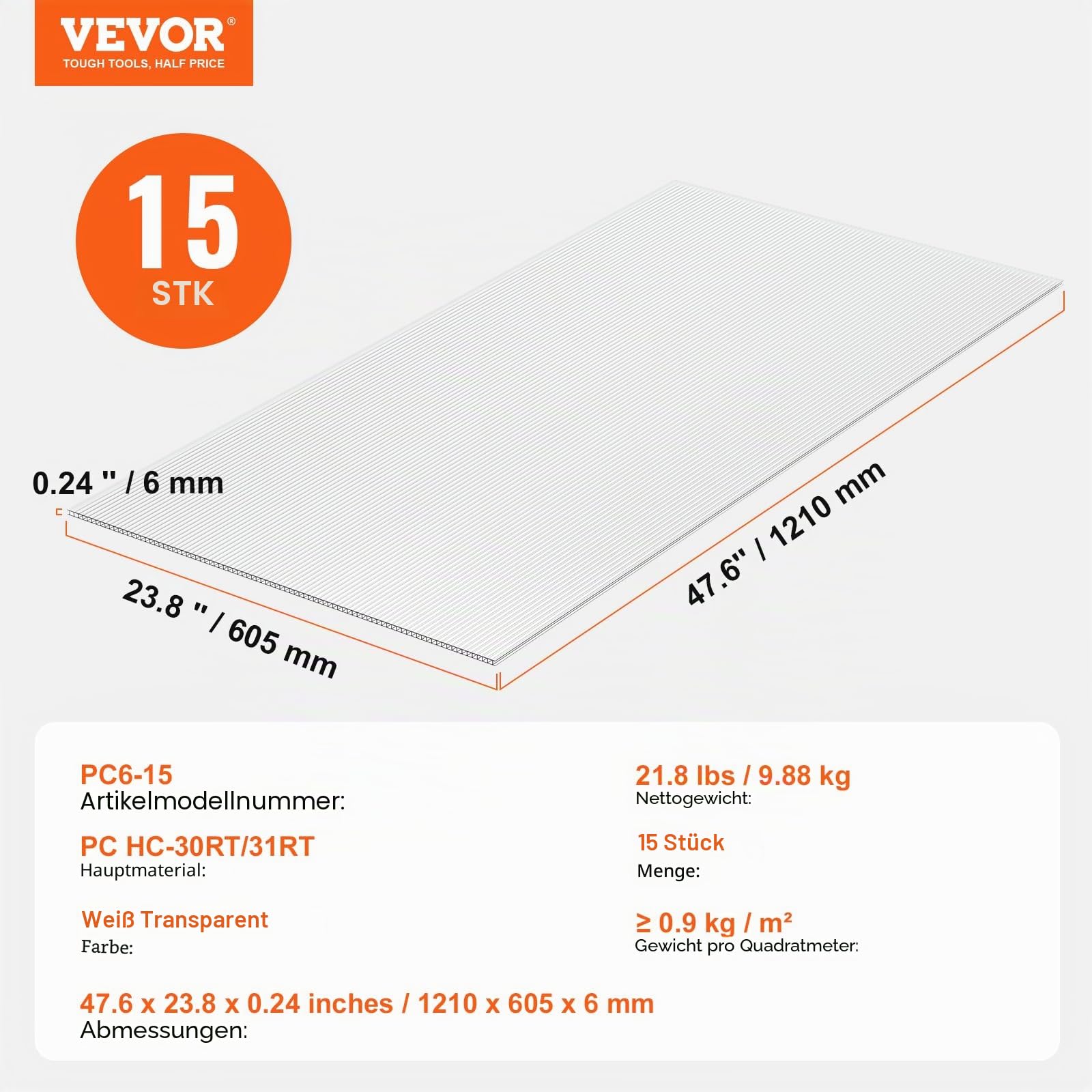 VEVOR 15er-Set Gewächshausplatten aus Polycarbonat, 1210 x 605 x 6 mm Stegplatten, wasserdichte UV-geschützte gewellte Hohlkammerplatten, schlagfeste, transparente Dachplatten für Gewächshaus/Garten
