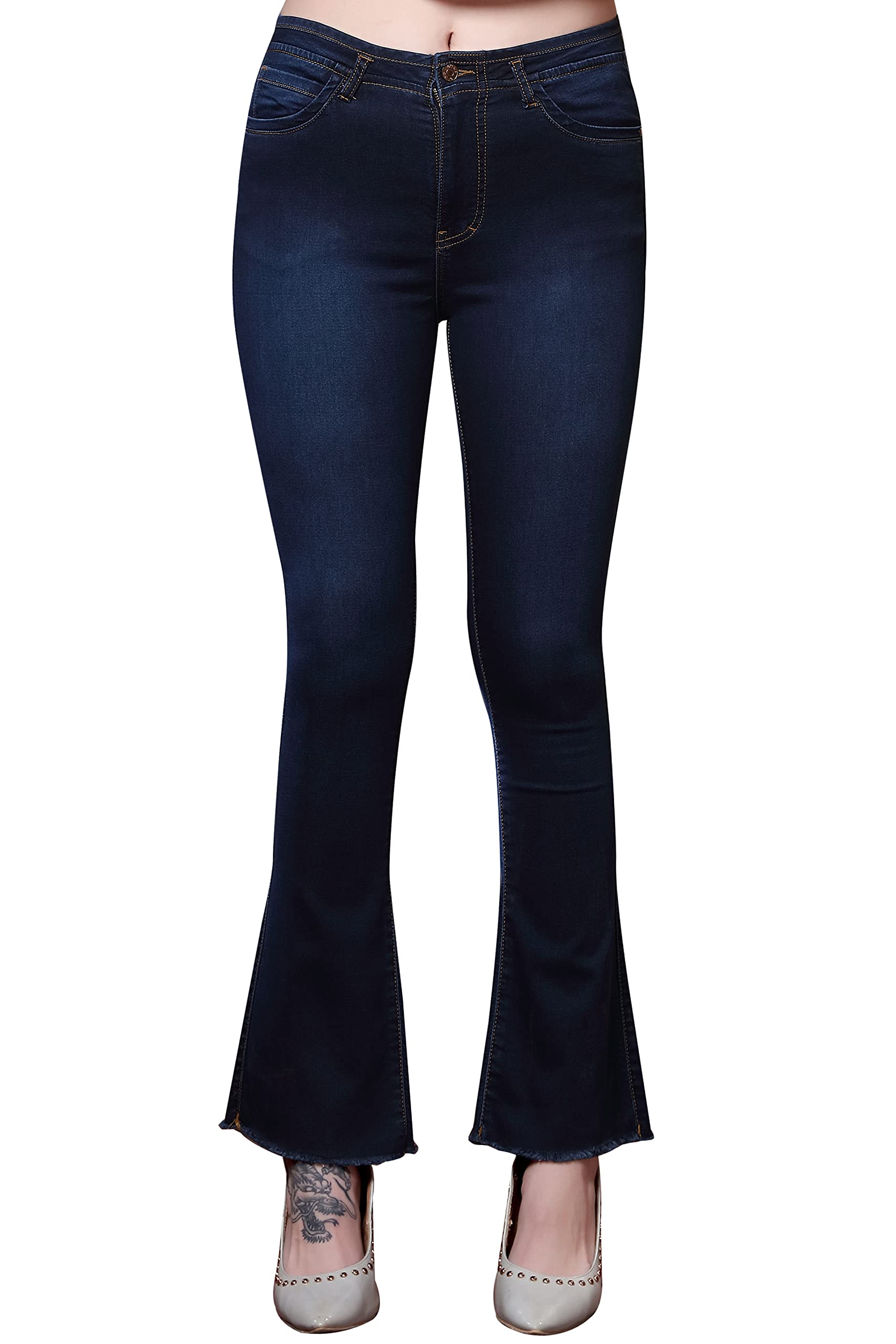fck-3 Strechable Denim Material Mid Rise Ripped/Bell Bottom Ankle Length Regular Fit Jeans for Women-picture-24