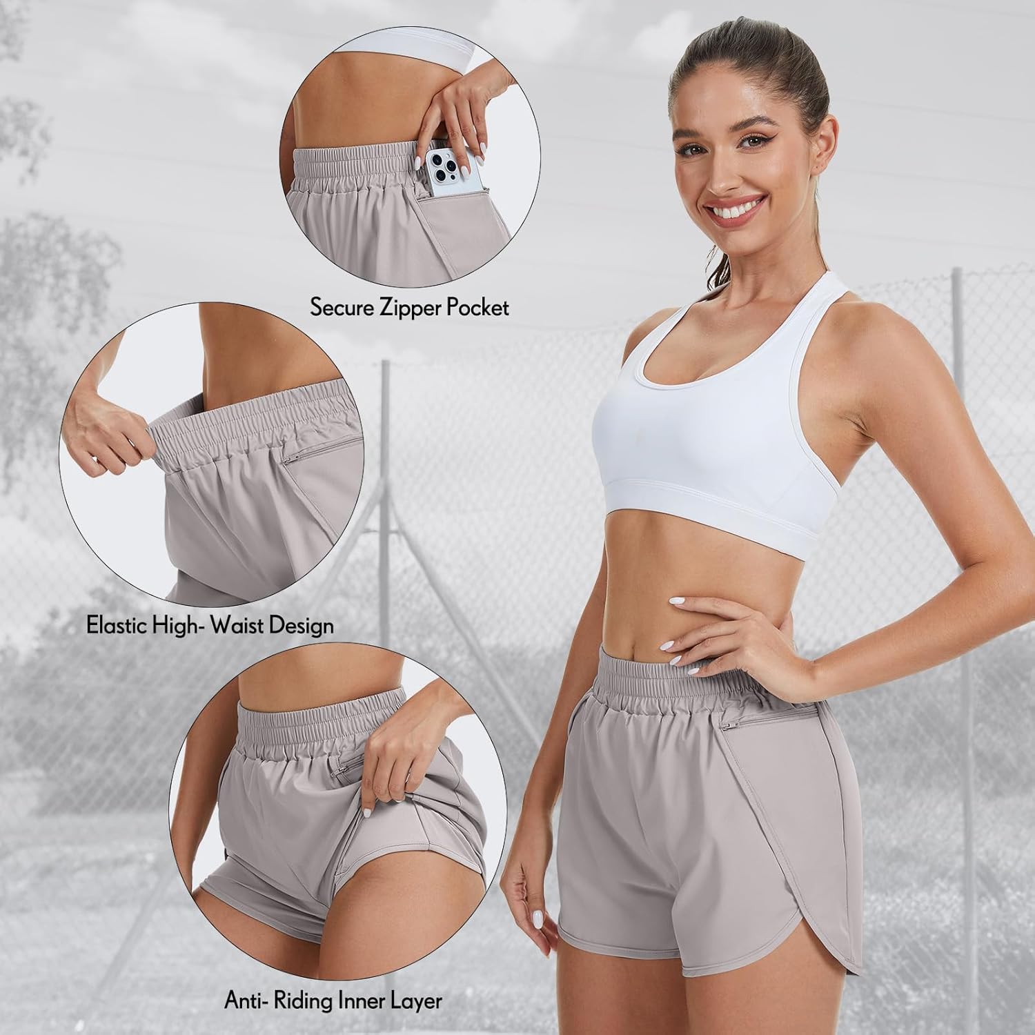 Coume 3 Pack Women's Running Shorts with Pockets Quick Dry Elastic Waist Athletic Workout Gym 1.75" Shorts with Liner