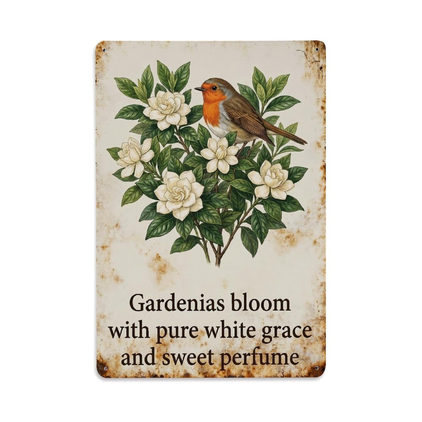 Robin Bird Garden Quote Gardenia White Metal Tin Sign