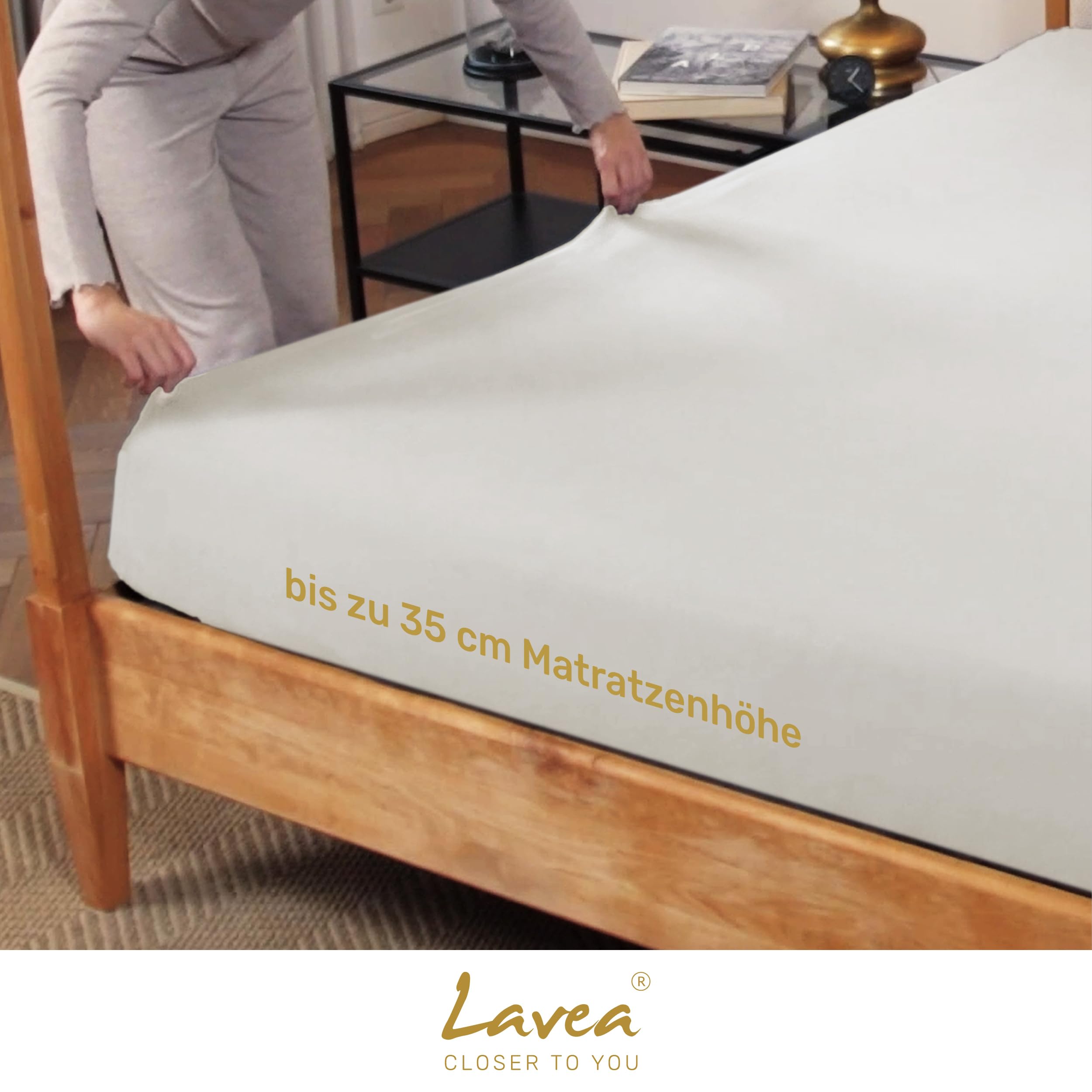 Lavea® 2er Pack Spannbettlaken 200x220cm – Creme Naturweiß | 100% Baumwolle – Für Boxspringbetten und Wasserbetten – Für Matratzen bis ca. 35 cm Höhe – Formstabil
