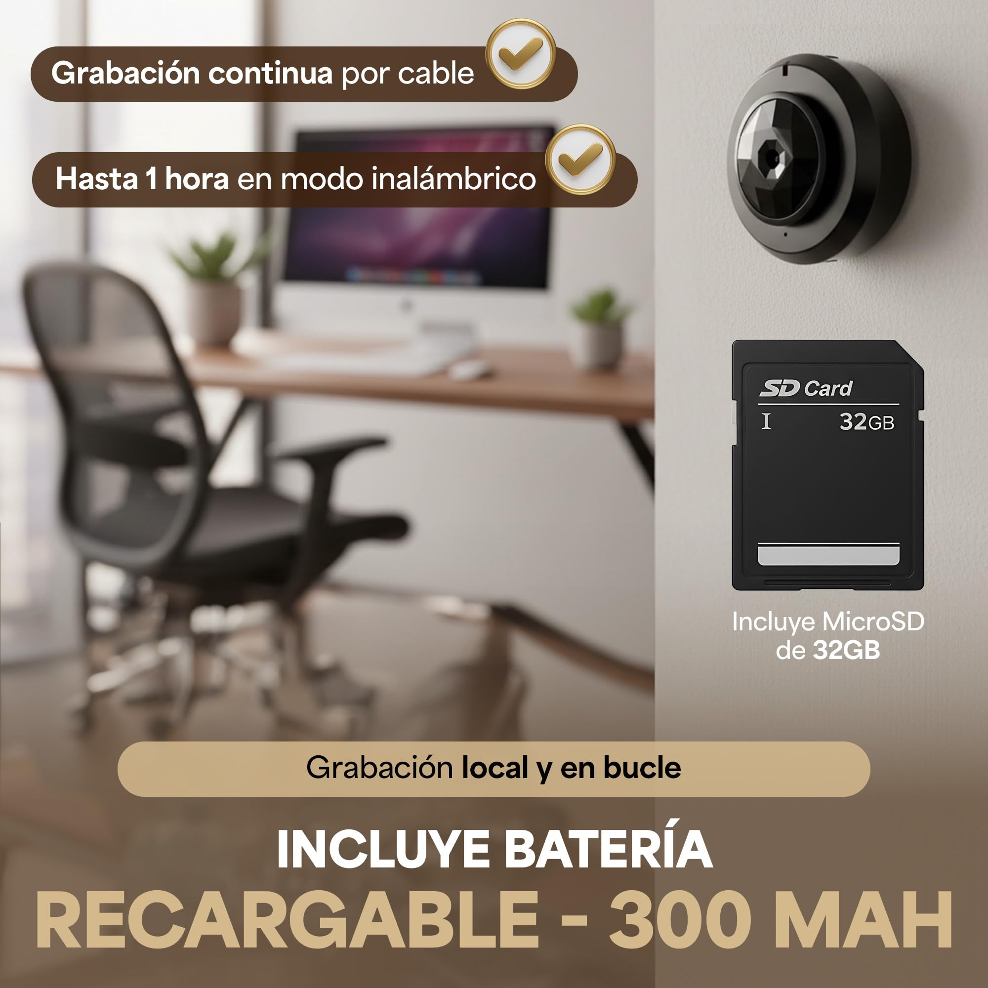 Cámara Espía Mini + Micro SD 32GB WiFi Full HD 1080P con Visión Nocturna Infrarroja – Grabación en Bucle, Detección de Movimiento, Batería Recargable, Imán Incorporado