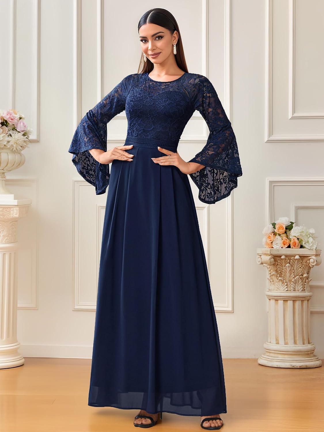 MISSMAY Women's Formal Lace Chiffon Bell Sleeve Wedding Party Long Dress