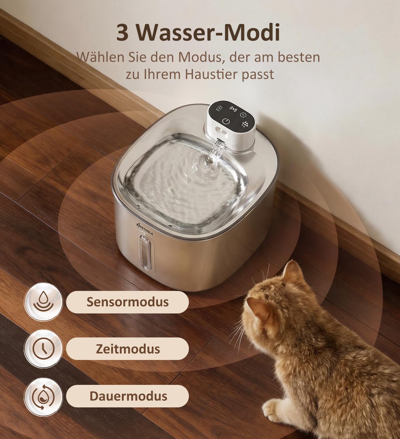 Apetdola FS11PRO Katzenbrunnen aus Edelstahl, 152 FL. oz. / 4,5 L kabelloser Katzenbrunnen, mit 5000-mAh-Akku betriebener Trinkbrunnen für Katzen und Hunde, Ultra‑leise