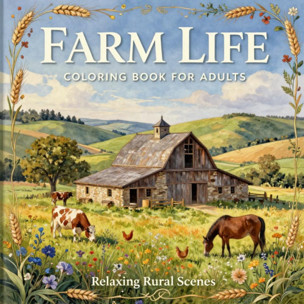 Farm Coloring Book: Realistic Farm Scenes and Animals: Relaxing Country Landscapes with Barns, Animals, and Nature for Stress Relief and Creativity