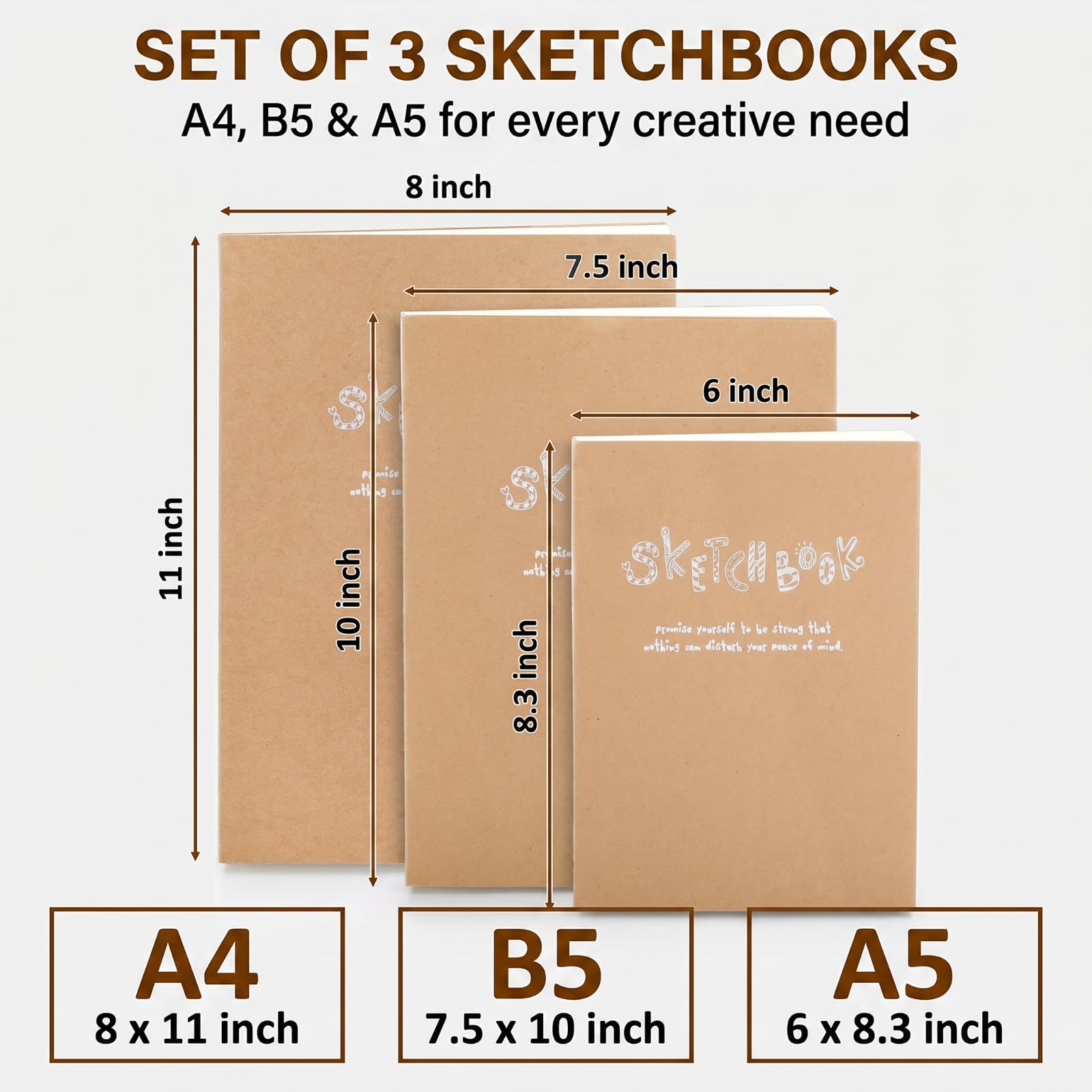 Elsjoy 3er Set Kraft-Skizzenbuch & Zeichennotizbuch, A5/A4/B5 Skizzenbuch Reisetagebuch Notizbuch mit dickem Papier zum Zeichnen & Skizzieren, 128 Blatt/256 Seiten