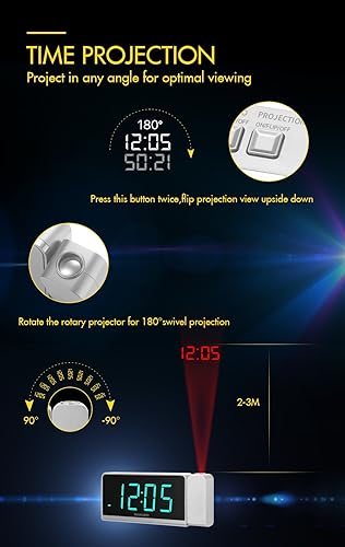 Miniatura 3 de SHANLONYI Reloj despertador de proyección con radio AMFM, proyector de 180, pantalla LED de 7 pulgadas, DST, puerto de carga USB, 3 reguladores,