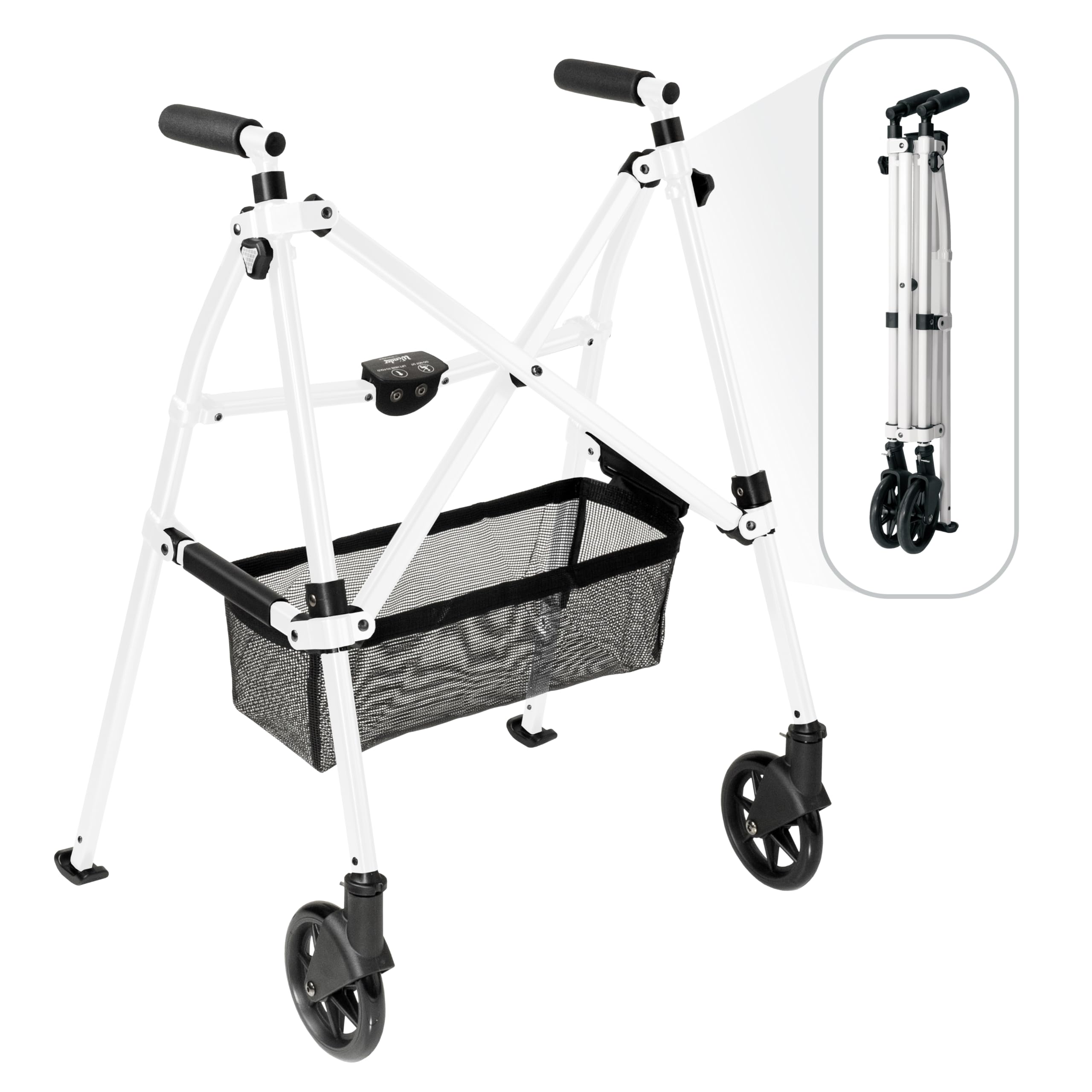 Stander Wonder Walker Plus, Lightweight Folding Mobility Aid for Adults, Seniors, and Elderly, Collapsible Travel EZ Fold-N-Go with Wheels, Glides, & Basket, Vivid White