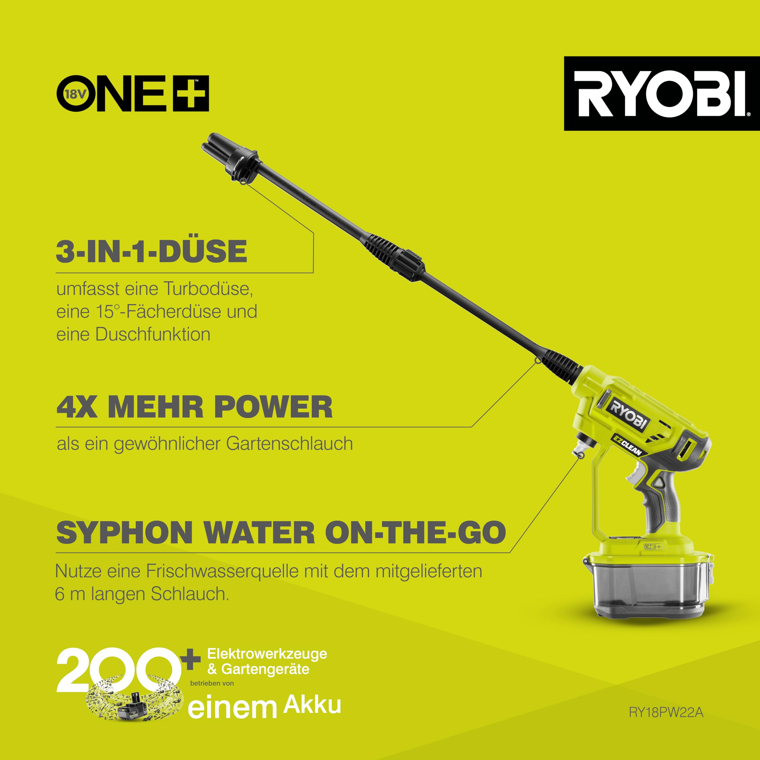 RYOBI 18 V ONE+ Akku-Mitteldruckreiniger RY18PW22A-0, 3in1 Düse