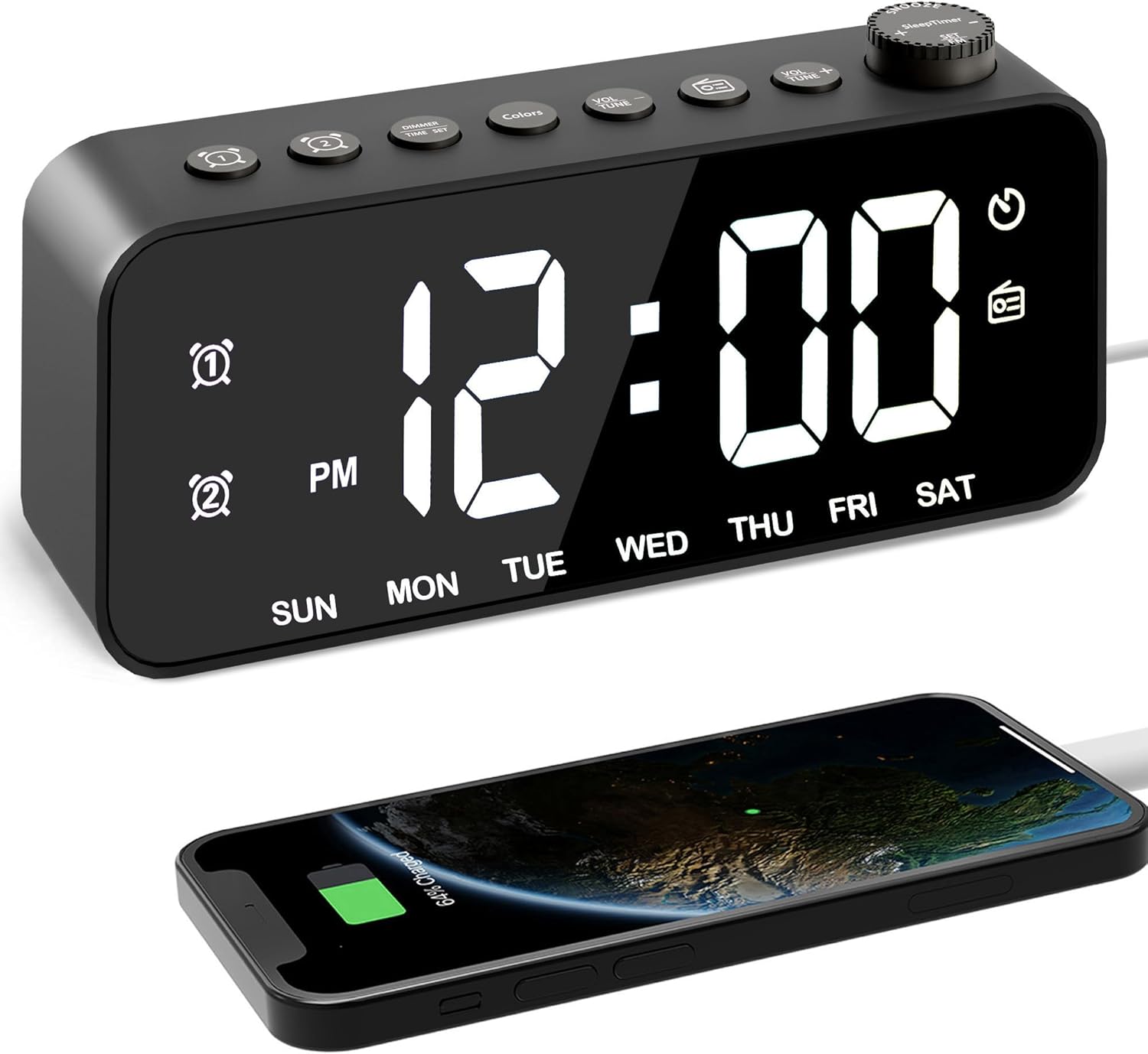 RGB Digital Alarm Clock Radio With Large Surface, Adjustable Brightness