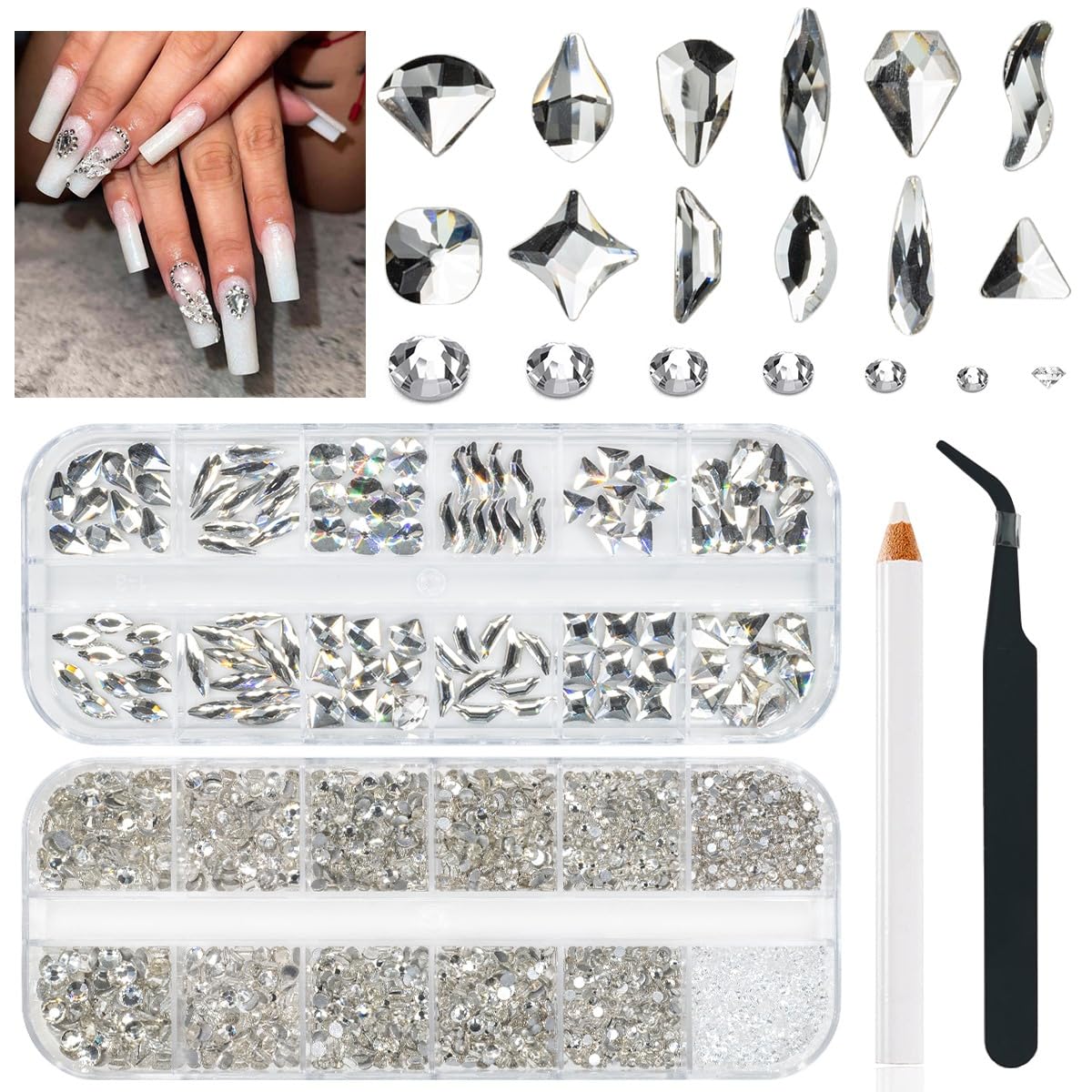 qiipii 4080Pcs Silver Clear Nail Rhinestones Multi Shapes Flatback Crystal White Gems +Round Beads K9 Glass Stones Diamonds Jewels Nail Art Charms