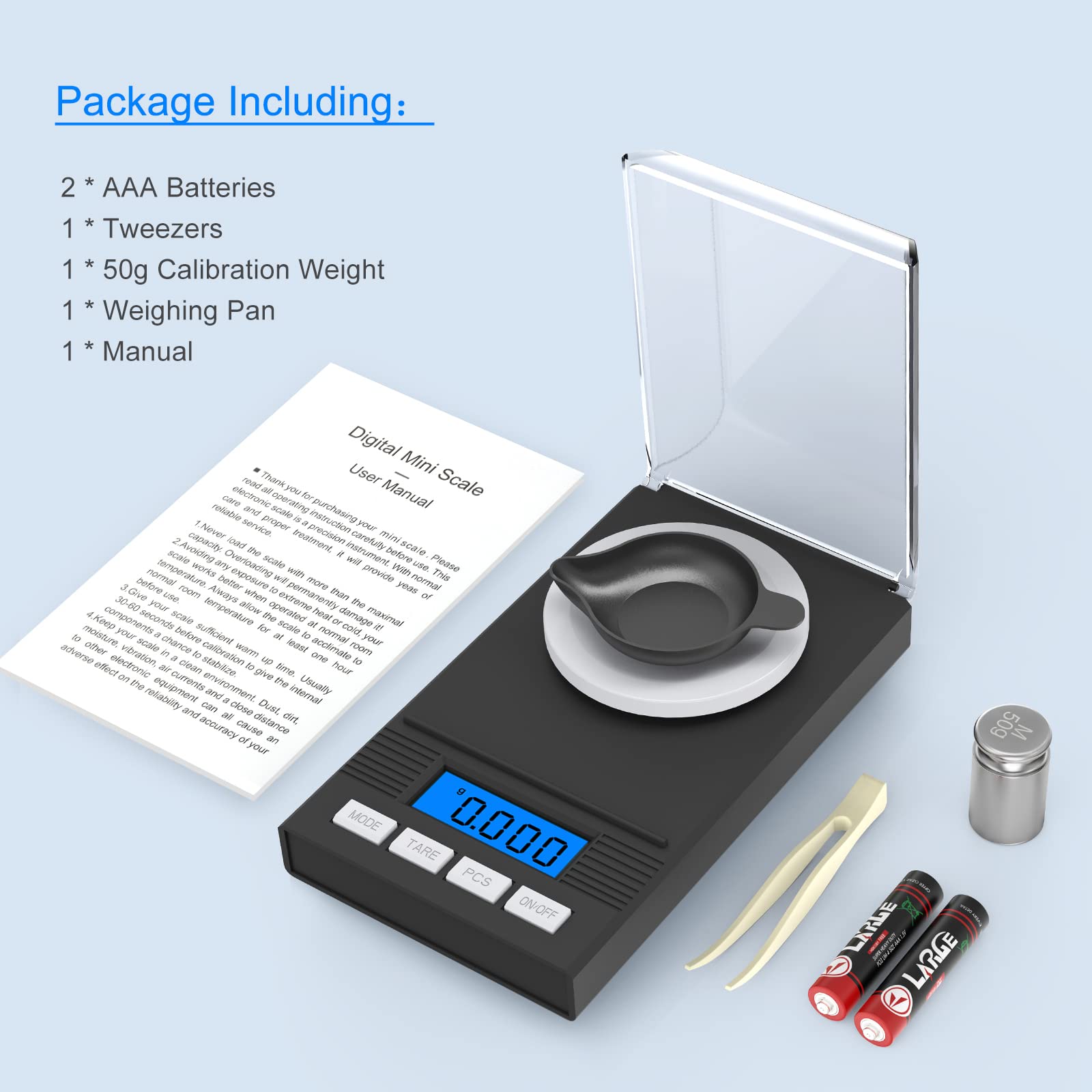 Bilancia di Precisione 50 g/0,001 g, Mini Bilancia Milligrammo Precisione Digitale Scale con Funzione Tare, Display LCD, Calibrazione pesi, 2 × Batterie, Pinzette e Padelle