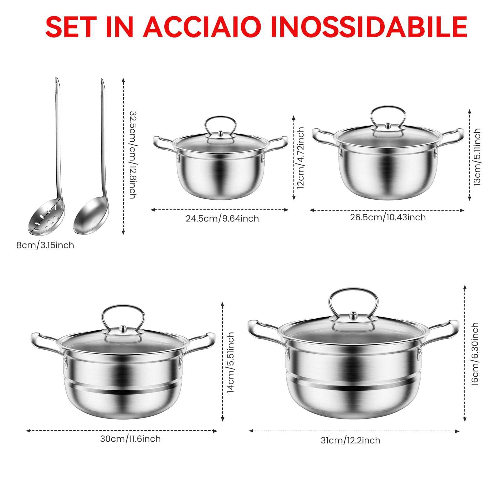 Set di pentole in acciaio inox, set di pentole da 12 pezzi con vaporiera e cucchiaio, set di pentole per cottura a induzione di grandi dimensioni, adatto a tutti i tipi di fornelli (Grigio chiaro)
