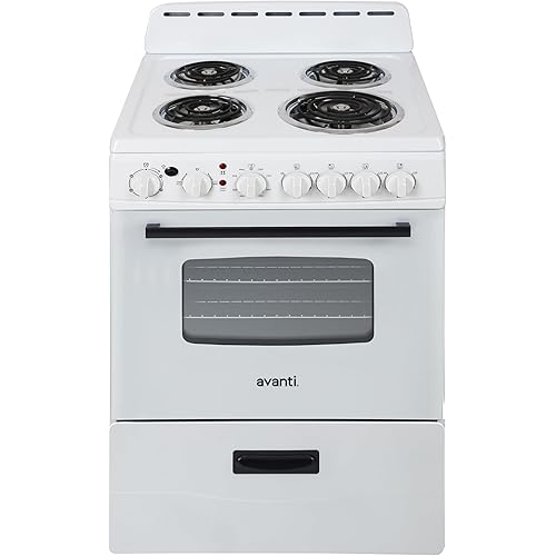 Avanti Electric Range Oven Compact Design, 2.6-Cu.Ft. Capacity with 4 Coil Burners, Framed Glass Oven Door, Storage Drawer and Broiler with Pan Perfect for Apartment RV Tiny Home, 24-Inch, White