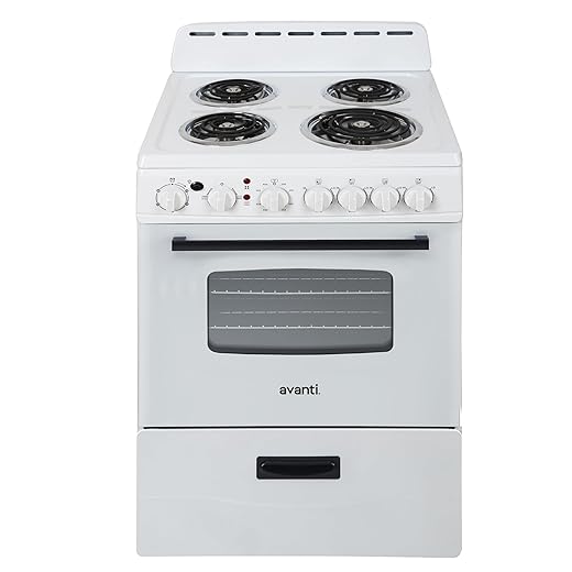 Avanti ERU240P0W Electric Range Oven Compact Design, 2.6-Cu.Ft. Capacity with 4 Coil Burners, Framed Glass Door, Storage Drawer and Broiler with Pan Perfect for Apartment RV Tiny Home, 24-Inch, White