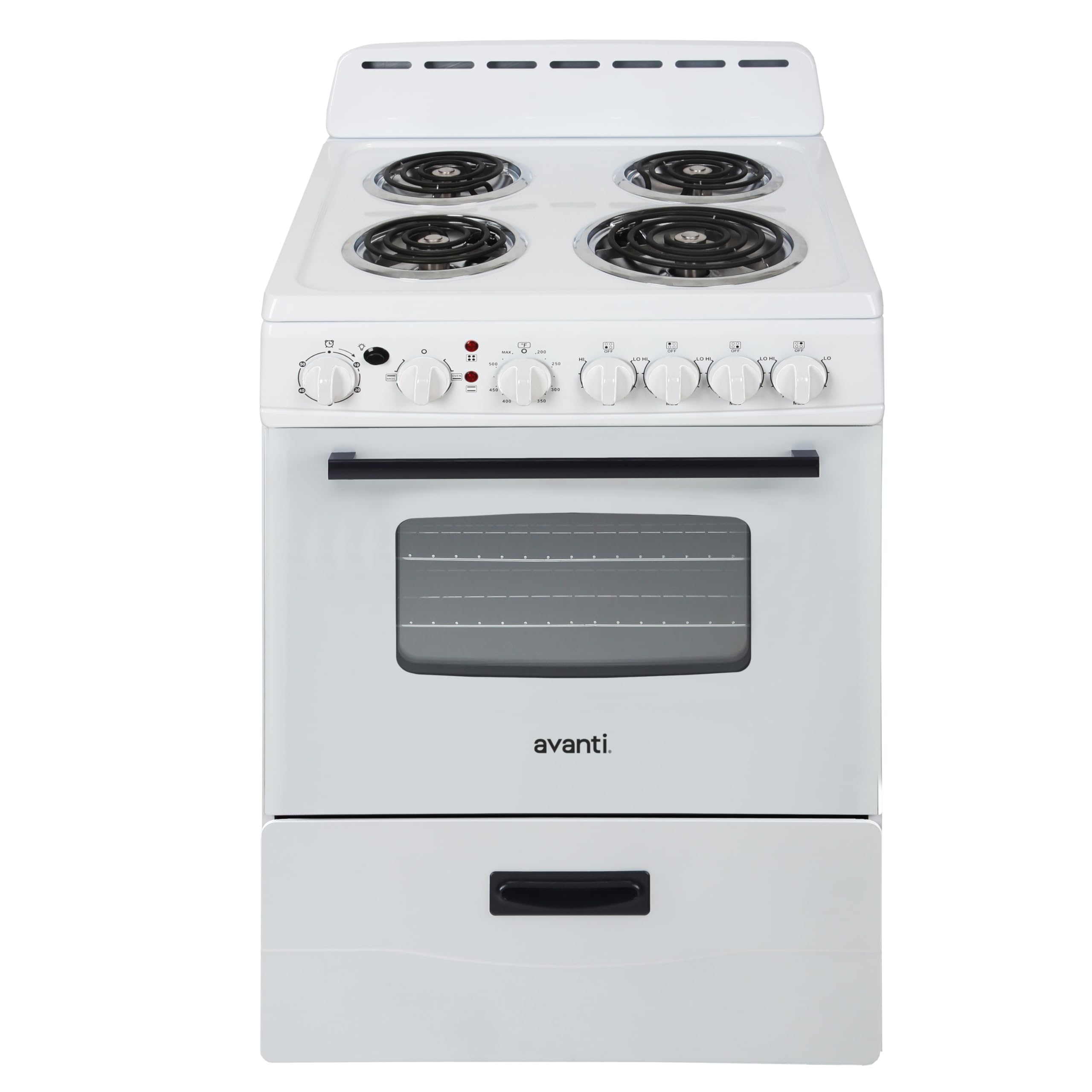 Avanti Electric Range Oven Compact Design, 2.6-Cu.Ft. Capacity with 4 Coil Burners, Framed Glass Oven Door, Storage Drawer and Broiler with Pan Perfect for Apartment RV Tiny Home, 24-Inch, White