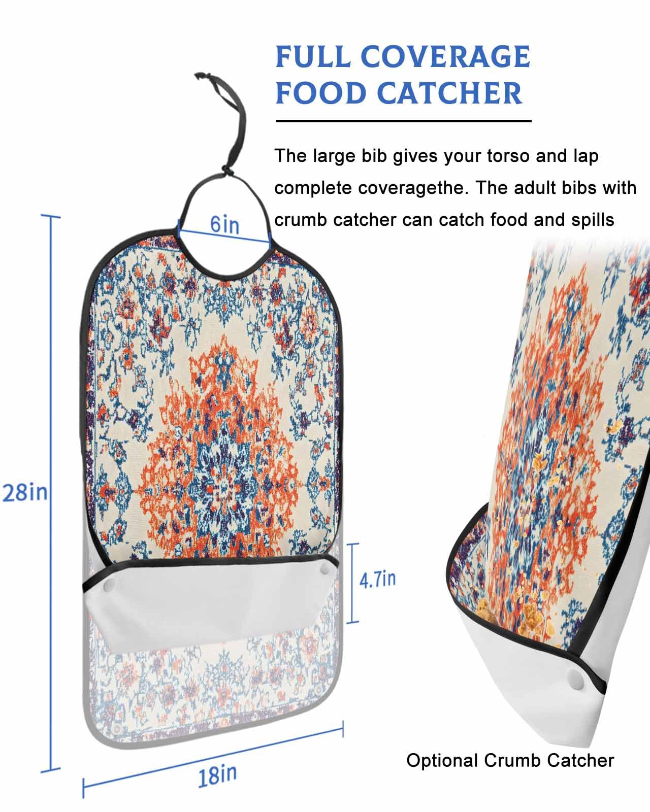 Onekaccu Boho Western Adult Bibs for Elderly Women Men Washable Bibs for Eating, Traditional Flowers Retro Ethnic Orange Waterproof Clothing Protectors Adult Bibs with Crumb Catcher