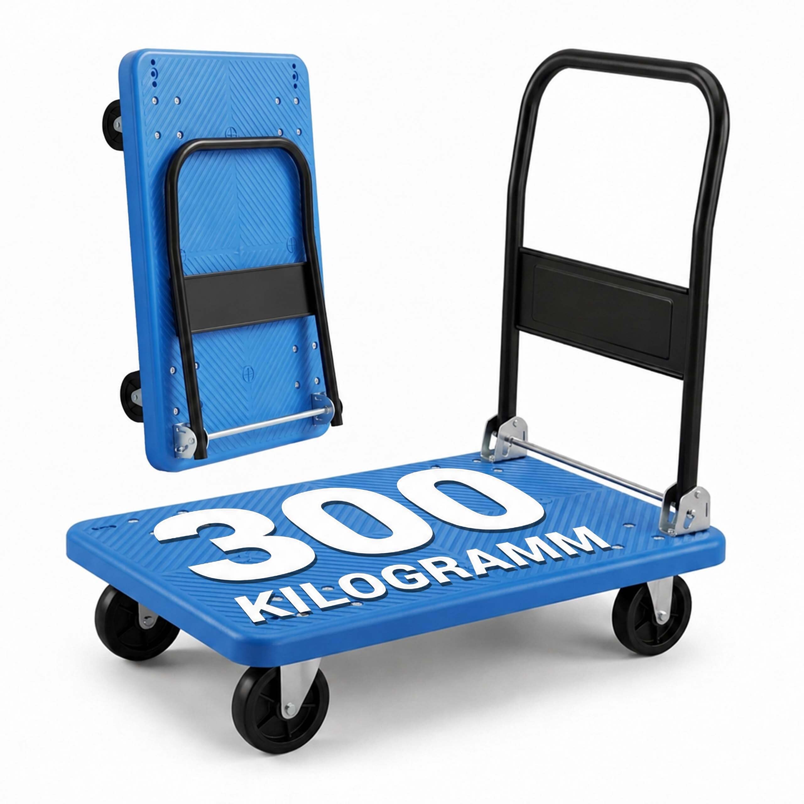 Relaxdays Transportwagen bis 300 kg, klappbar, Plattformwagen, Griff, 2 Lenkrollen, große Ladefläche, Handkarre, blau