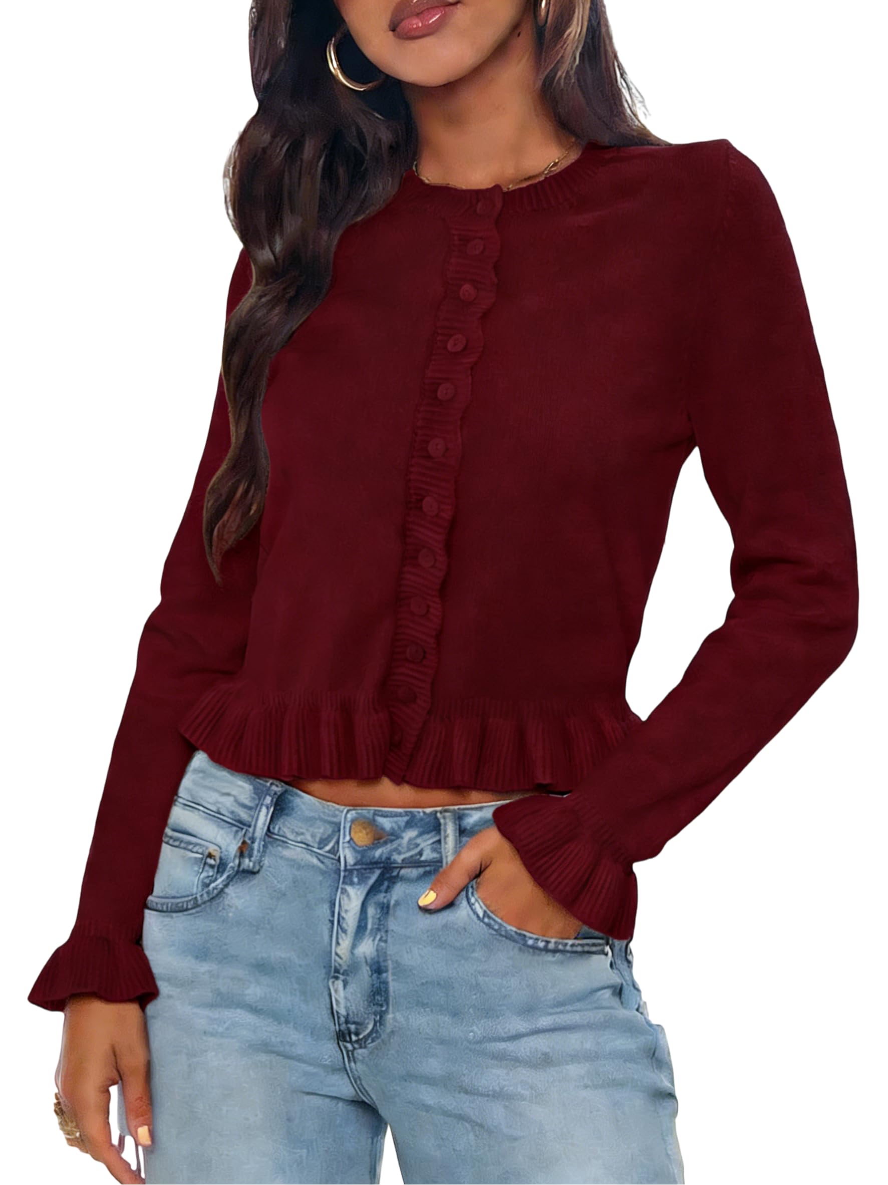 Womens Ruffle Trim Knitted Cardigan Botton Up Long Sleeve Crop Sweater Tops 2026 Y2k Fashion Fall Outfits