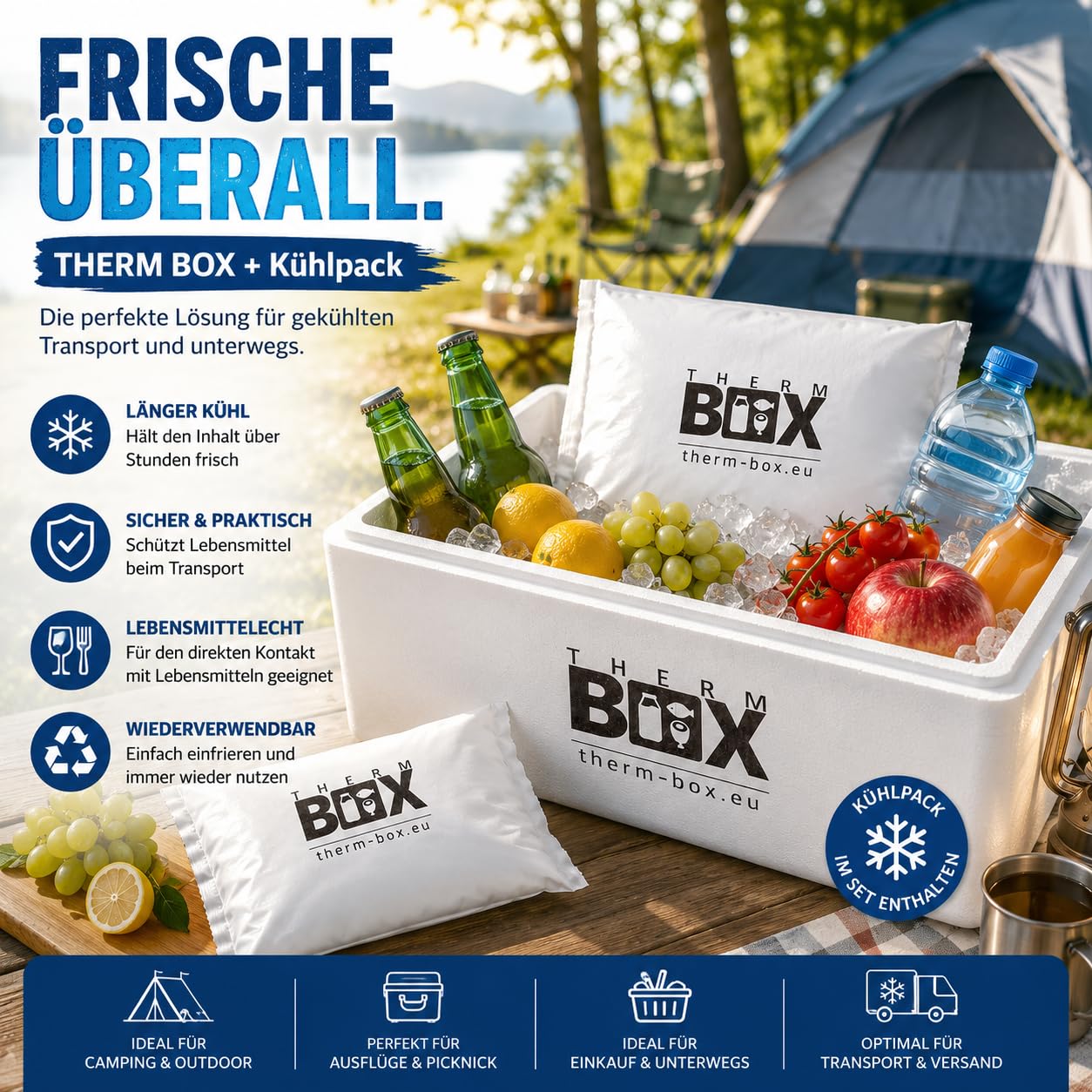 THERM BOX 80W Styroporbox 80 Liter Kühlbox Set mit 10 Gel Kühlakkus | Gel Kühlpacks | Box Innenmaß 62,5x44x30 cm Wandstärke 3 cm Thermobox Isolierbox Warmhaltebox Wiederverwendbar