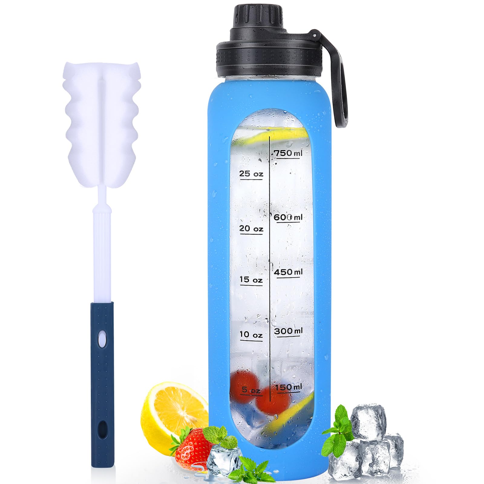 GIEMITGlass Water Bottles 32oz with Silicone Sleeve Drinking Hydration Bottles Reusable Borosilicate Wide Mouth Motivational Water Flask Canteen with Time Marker Spout Lid and Brush (Blue)