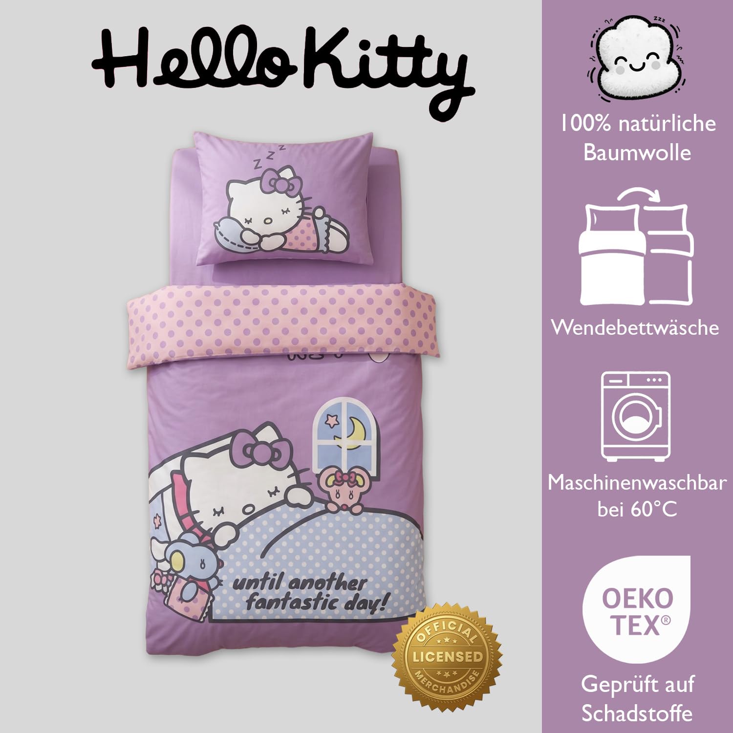 Hello Kitty Copripiumino Neonato 100x135 + Federa 40x60 Cotone Viola Rosa | Lettino reversibile | Cotone naturale morbido traspirante Oeko-Tex | Sanrio | Bambine 0-3 anni | Lettino sbarre | Idea regalo