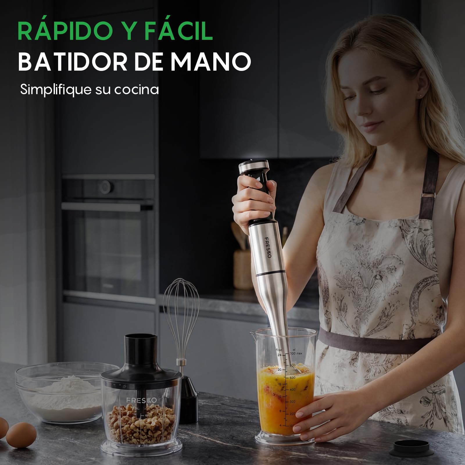 FRESKO Batidora de Mano 4 en 1 1000W, Velocidad Graduable, 4 Cuchillas Inox | Acero Inoxidable con Protector para Ollas, Batidora para Alimentos de Bebé, Sopas, Smoothies, Purés, Salsas, H9